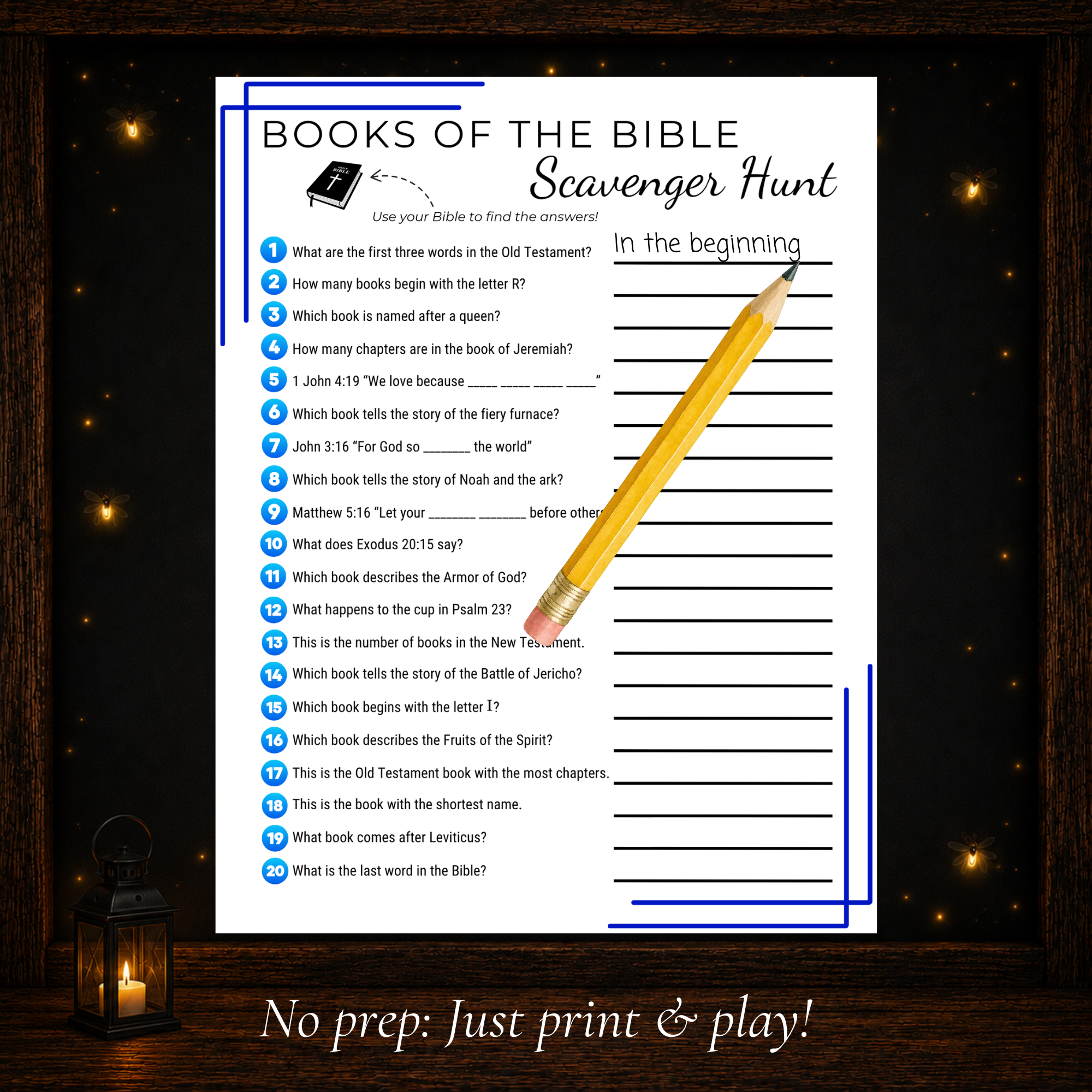 Printable Books of the Bible scavenger hunt with 20 Bible questions