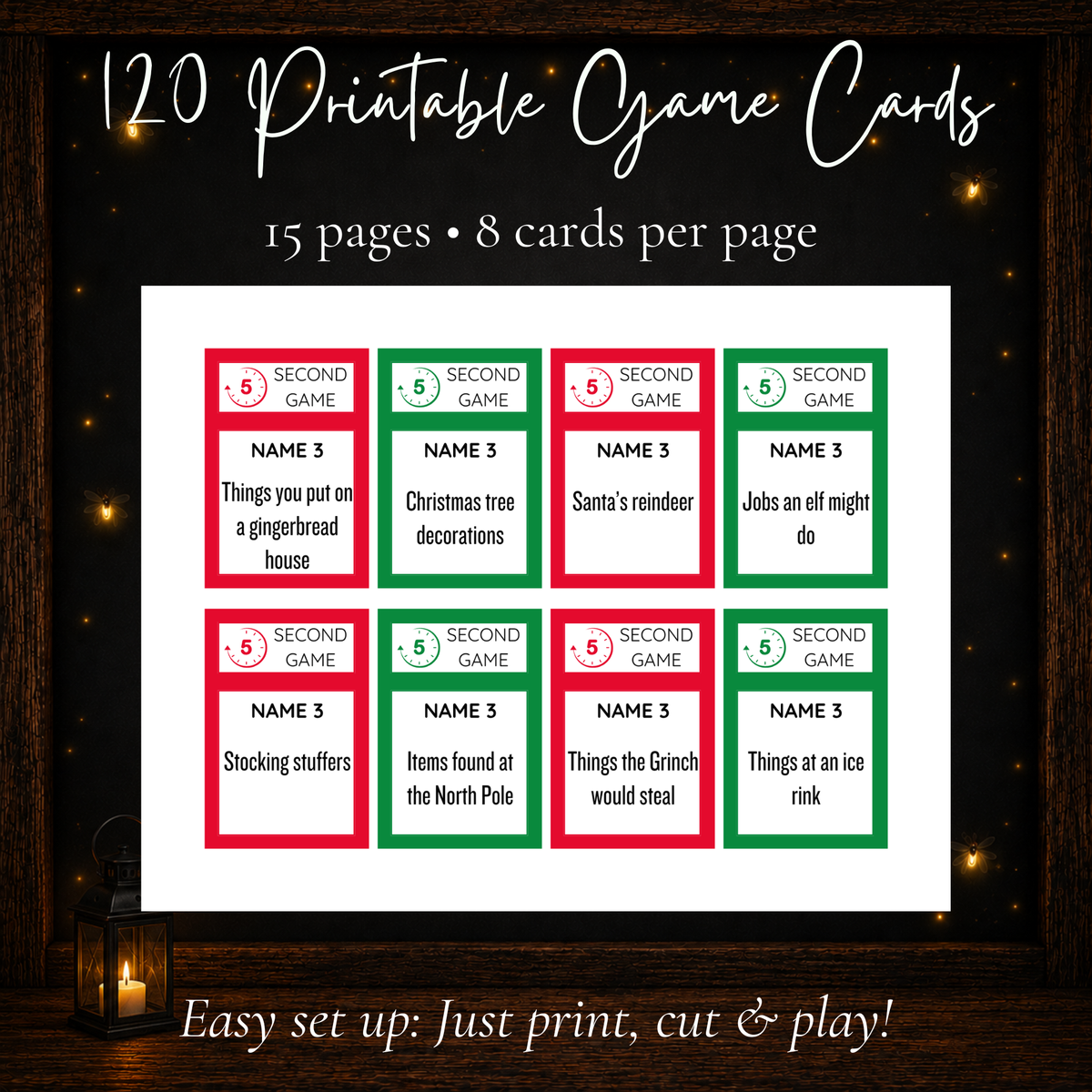 120 printable Christmas 5 Second Game cards with 8 holiday prompt cards per page