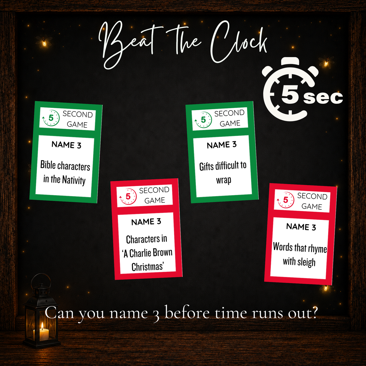 Christmas 5 Second Game cards with holiday prompts for a fast-paced Christmas party activity