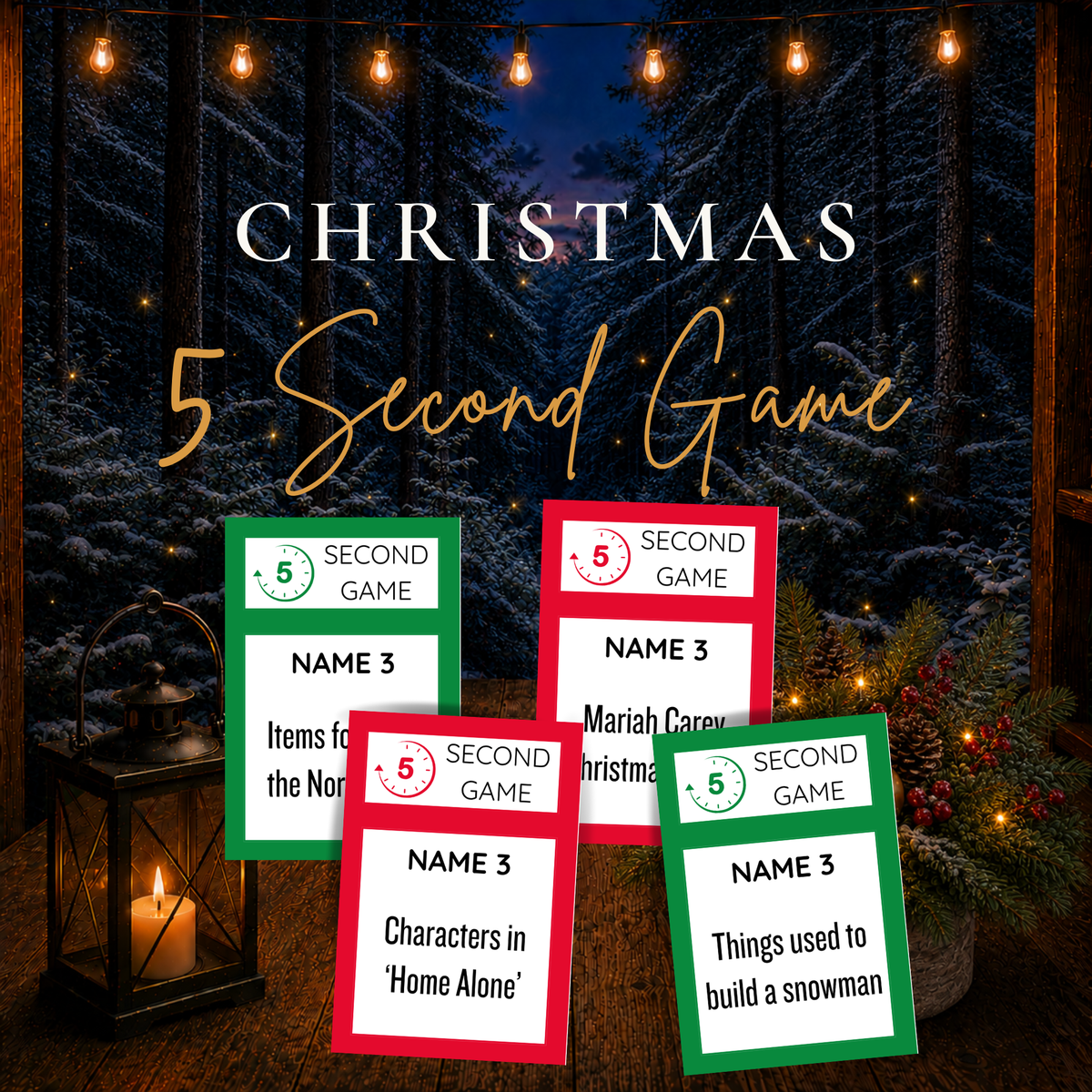 Christmas 5 Second Game printable with 120 holiday game cards for family and Christmas parties