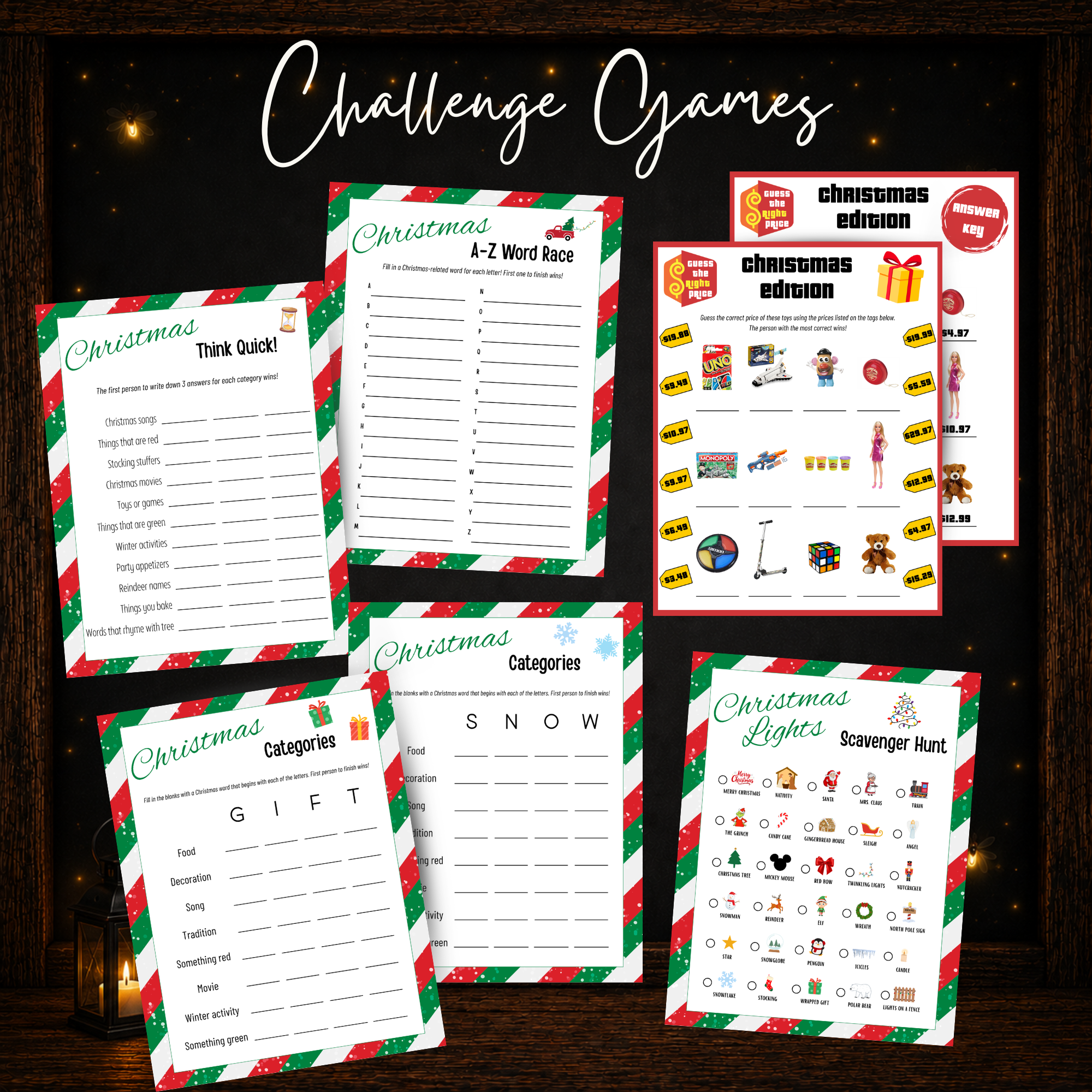 Printable Christmas challenge games including Think Quick, A-Z Word Race, Categories, Guess the Right Price and scavenger hunt