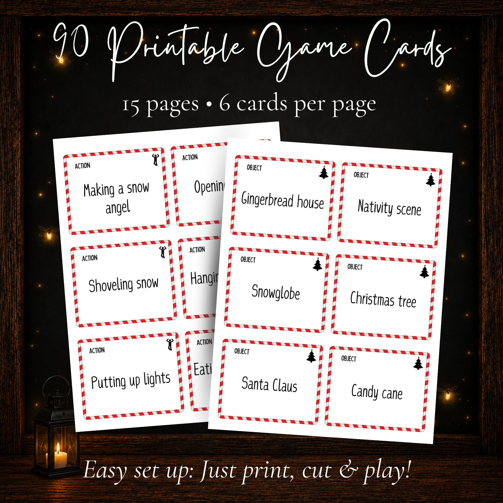 90 printable Christmas Charades game cards on 15 pages with 6 holiday charades cards per page