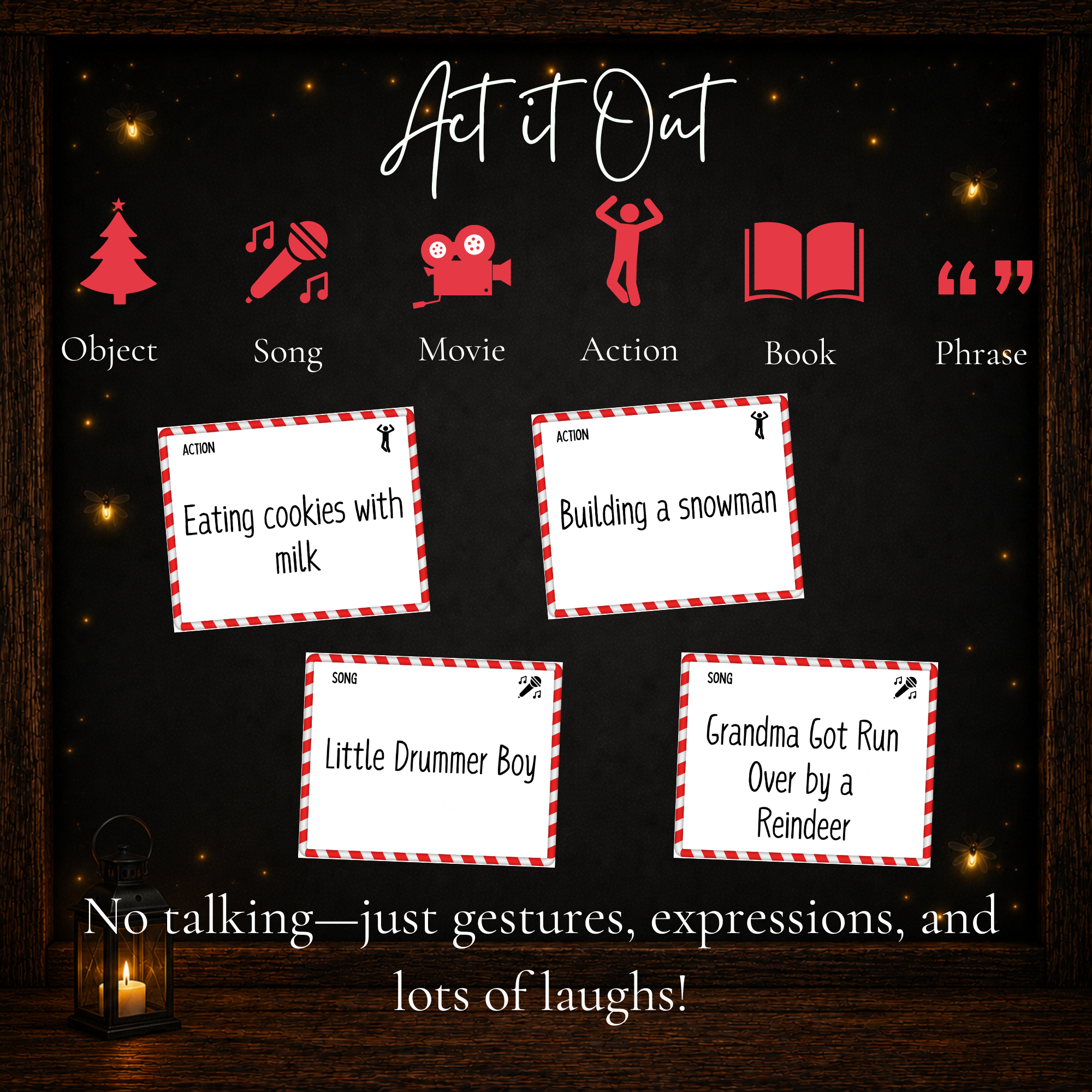 Christmas Charades cards with object, song, movie, action, book and phrase categories for holiday party play