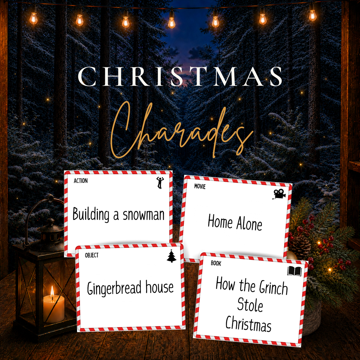 Christmas Charades printable party game with holiday action, movie, object and book charades cards