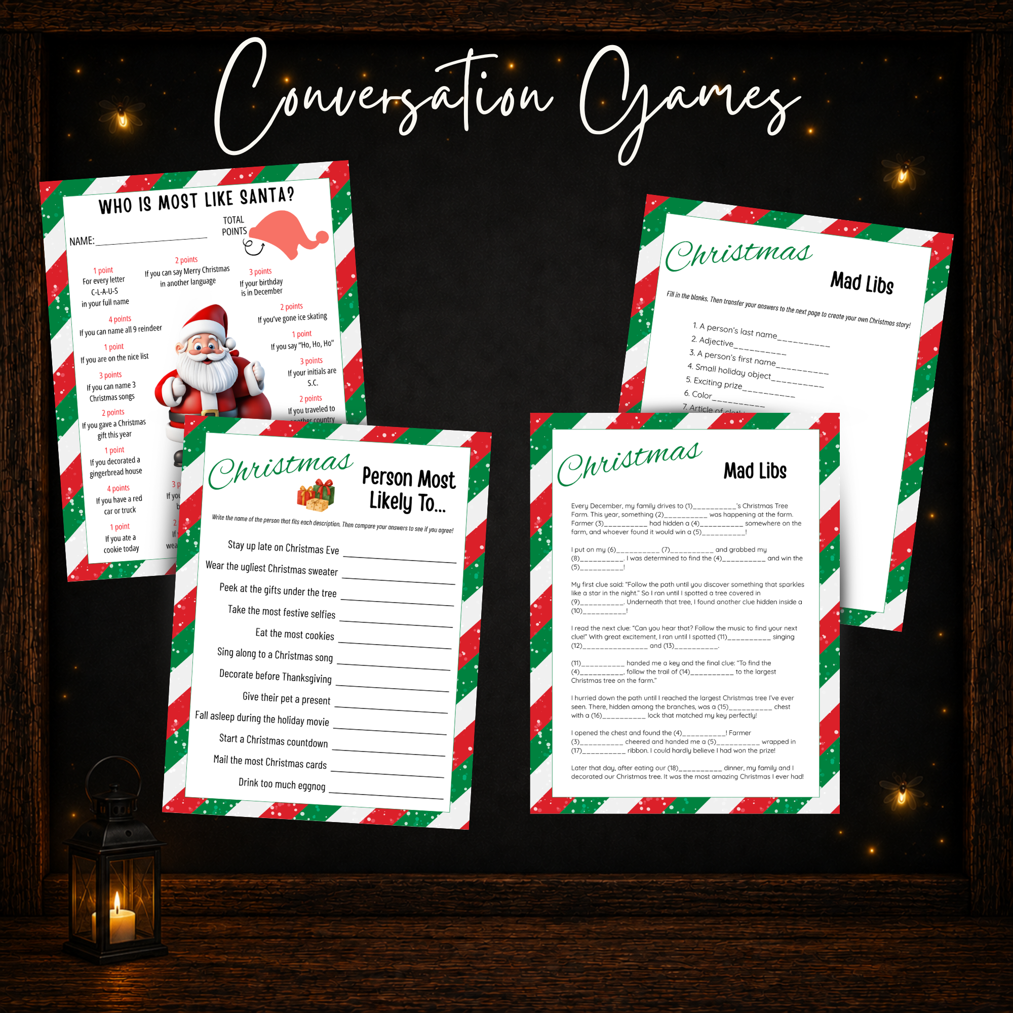 Printable Christmas conversation games including Who Is Most Like Santa, Person Most Likely To and Christmas Mad Libs