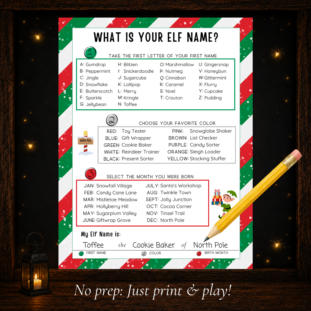 Printable What Is Your Elf Name Christmas game showing a completed elf name example and easy print-and-play activity