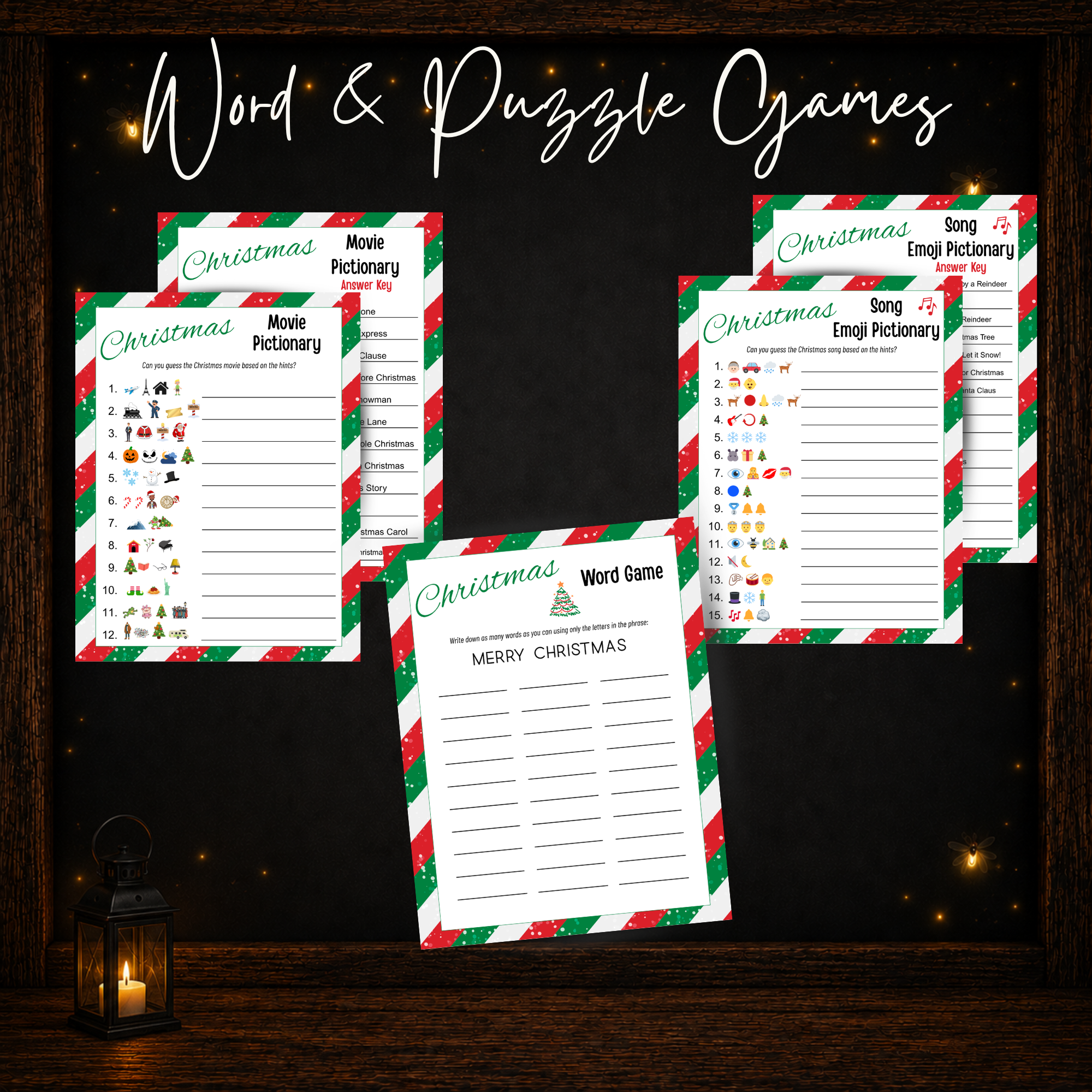 Printable Christmas Movie Emoji Pictionary, Song Emoji Pictionary and Christmas Word Game for holiday parties