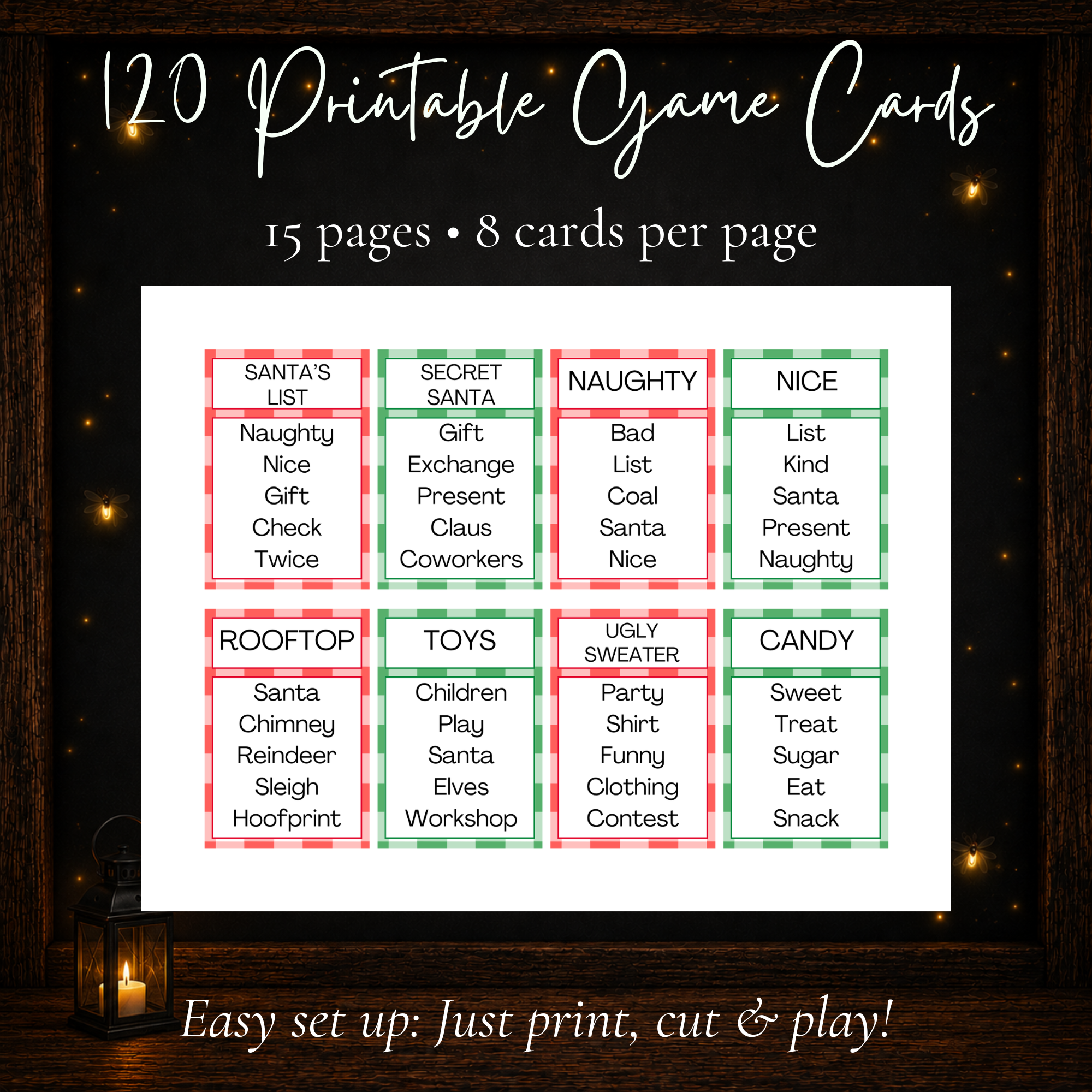 120 printable Christmas Forbidden Words game cards with eight holiday word guessing cards per page