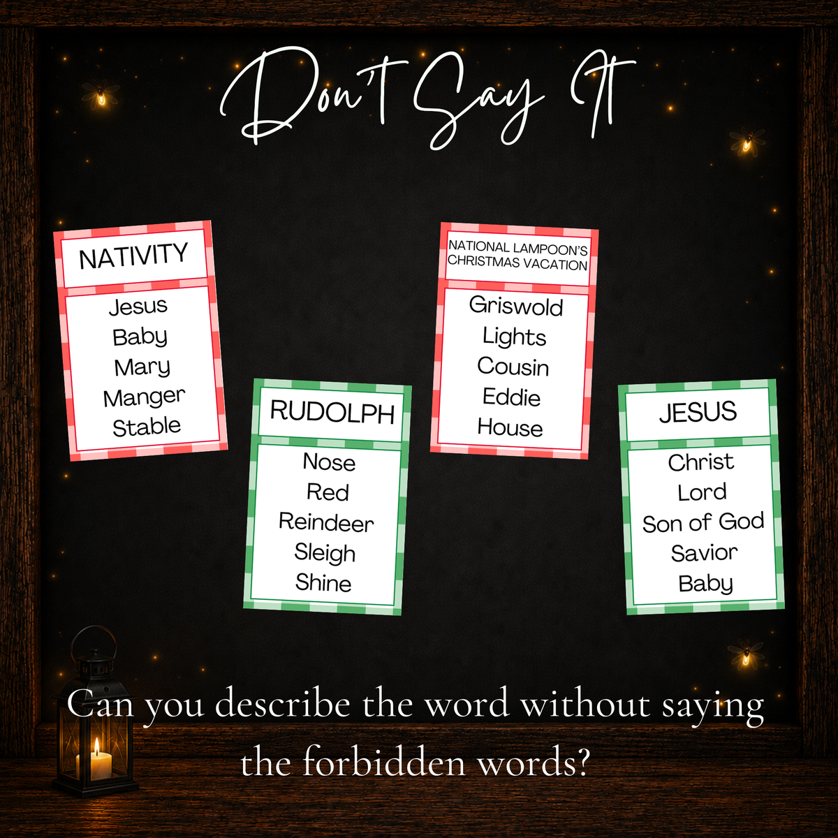 Christmas Forbidden Words printable card examples featuring Nativity, Rudolph, Christmas movies and holiday words