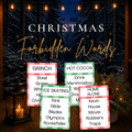 Christmas Forbidden Words printable holiday word guessing game with festive Christmas game cards