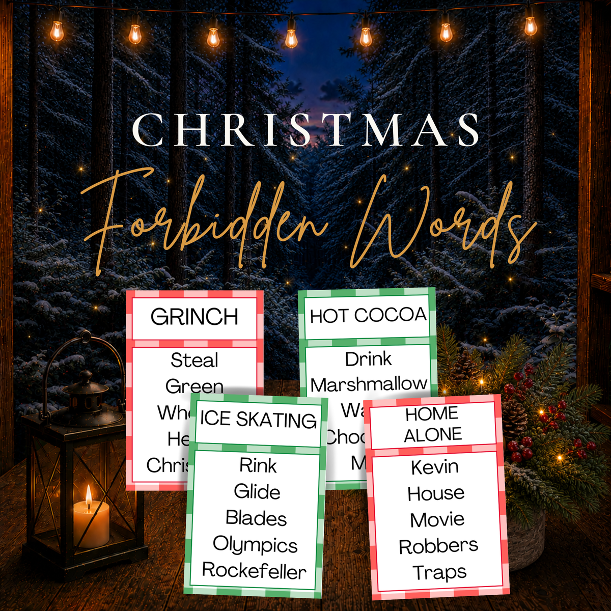 Christmas Forbidden Words printable holiday word guessing game with festive Christmas game cards