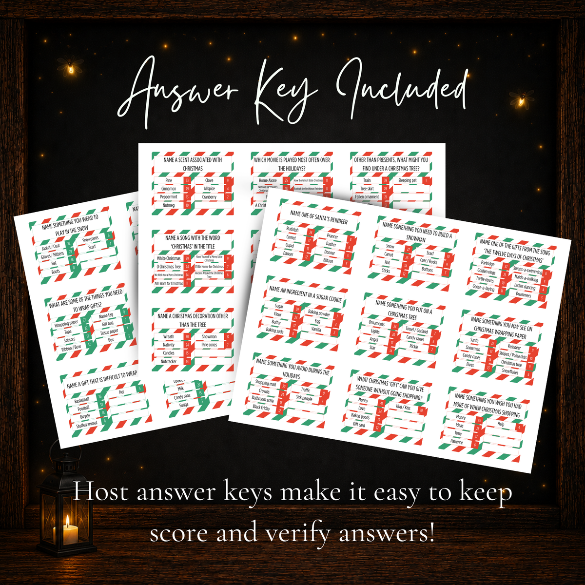 Christmas Friendly Feud printable answer keys for hosts to verify survey answers and keep score