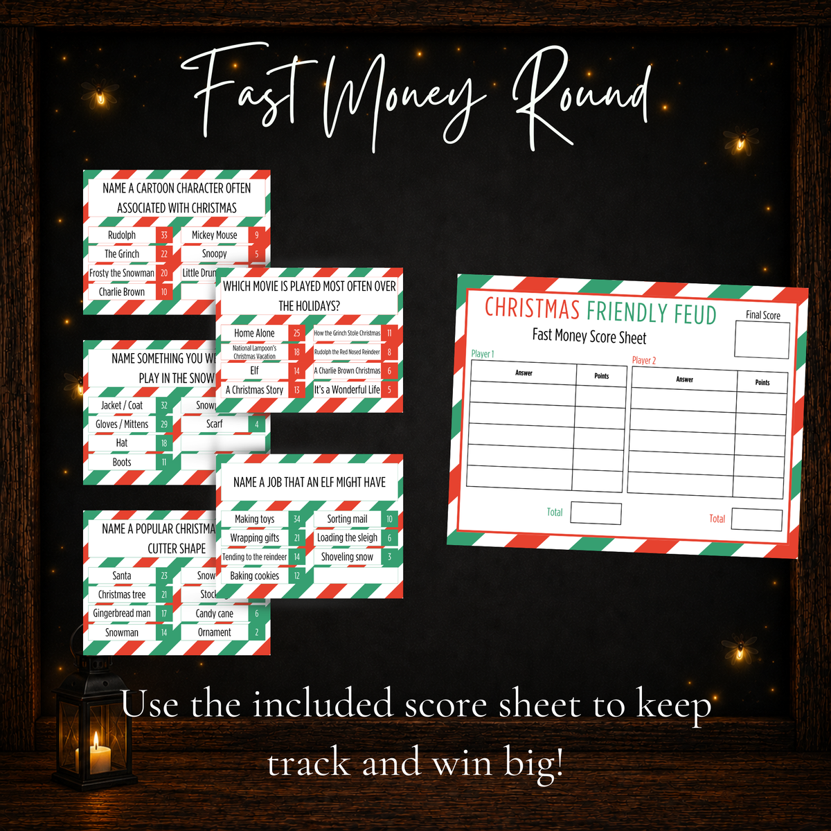 Christmas Friendly Feud Fast Money bonus round with holiday survey questions and printable score sheet