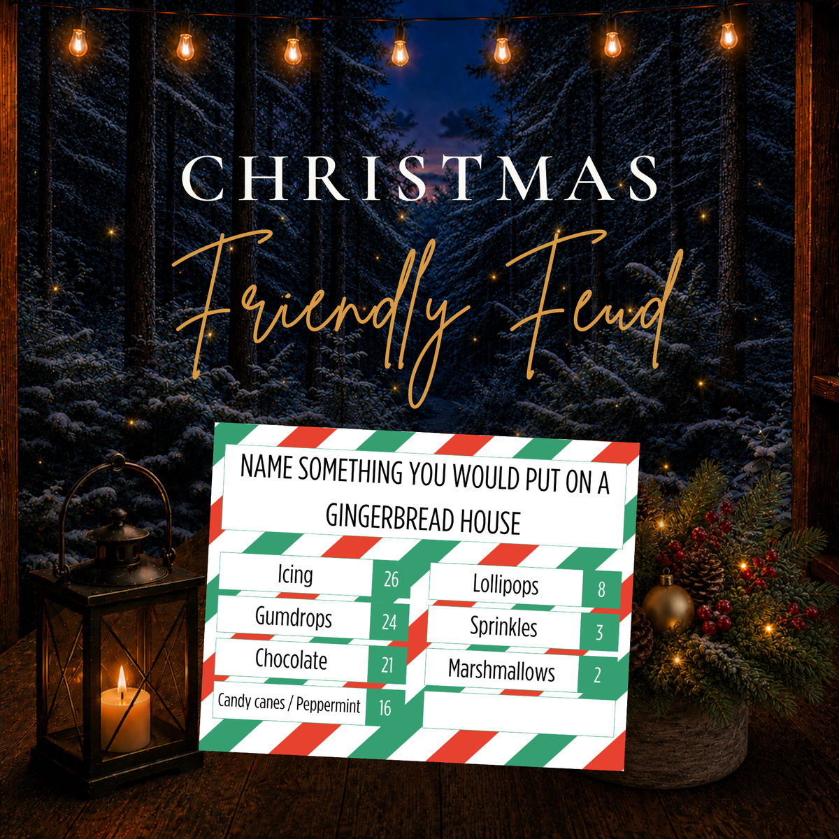 Christmas Friendly Feud printable family party game with festive survey questions and answers