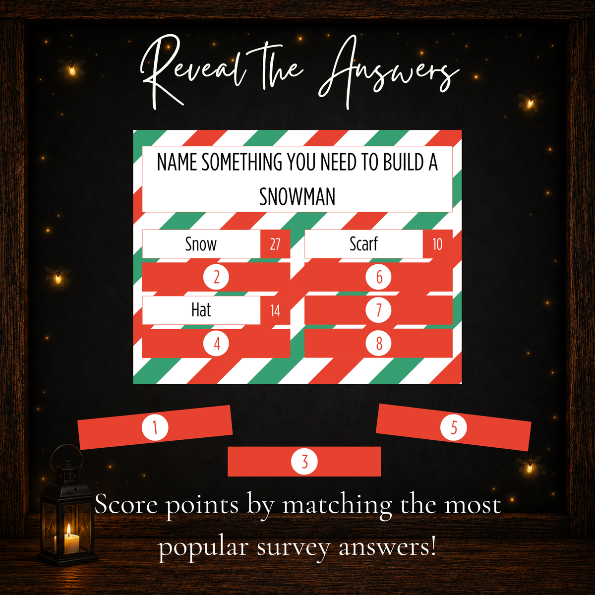 Christmas Friendly Feud game showing answer covers used to reveal popular Christmas survey answers