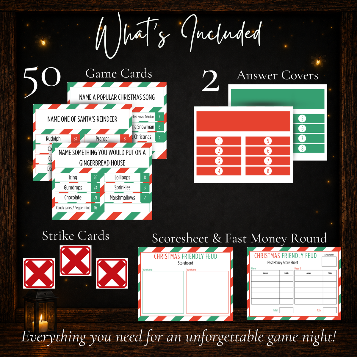 Christmas Friendly Feud printable game with 50 game cards, answer covers, strike cards, scoreboard and Fast Money round