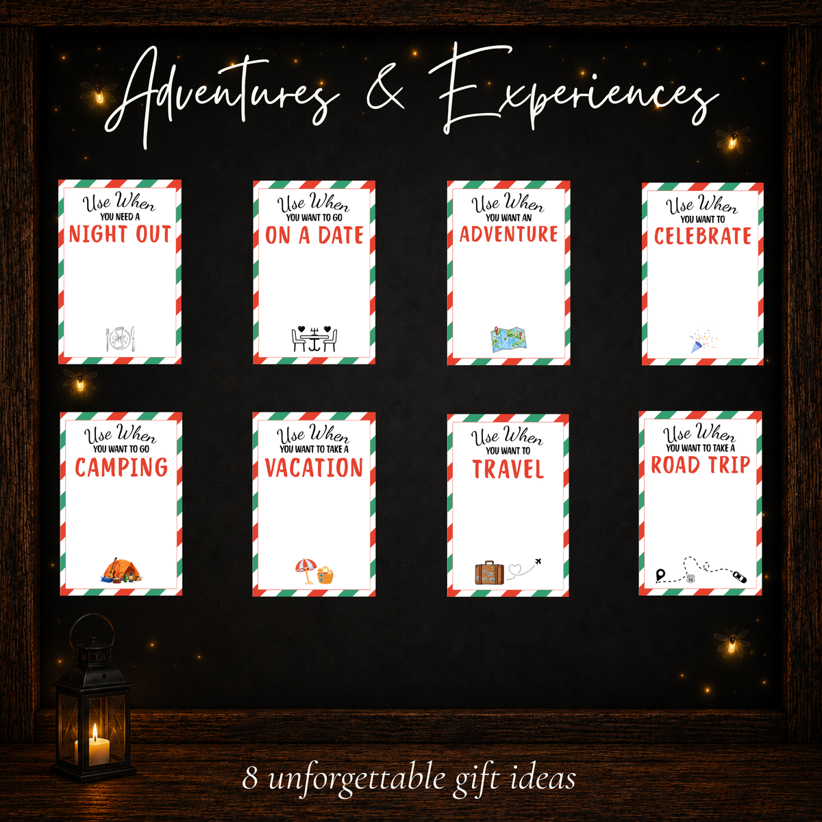 Printable Christmas gift card ideas for date night, travel, camping, vacations, road trips and special experiences