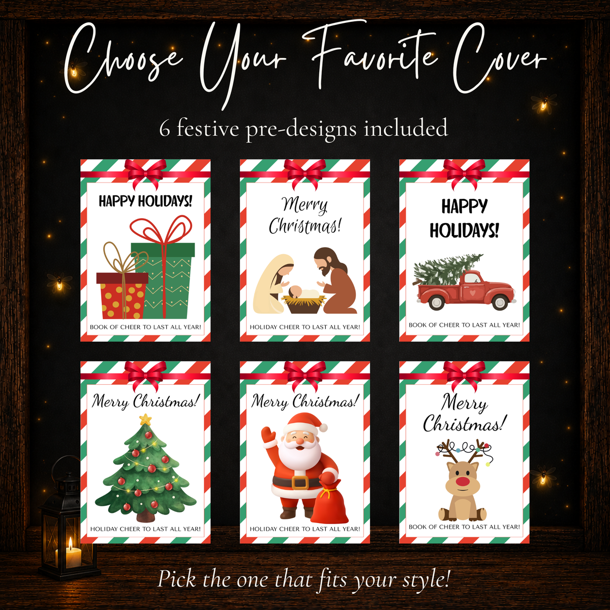 Six printable Christmas Gift Card Book cover designs with presents, Nativity, truck, tree, Santa and reindeer