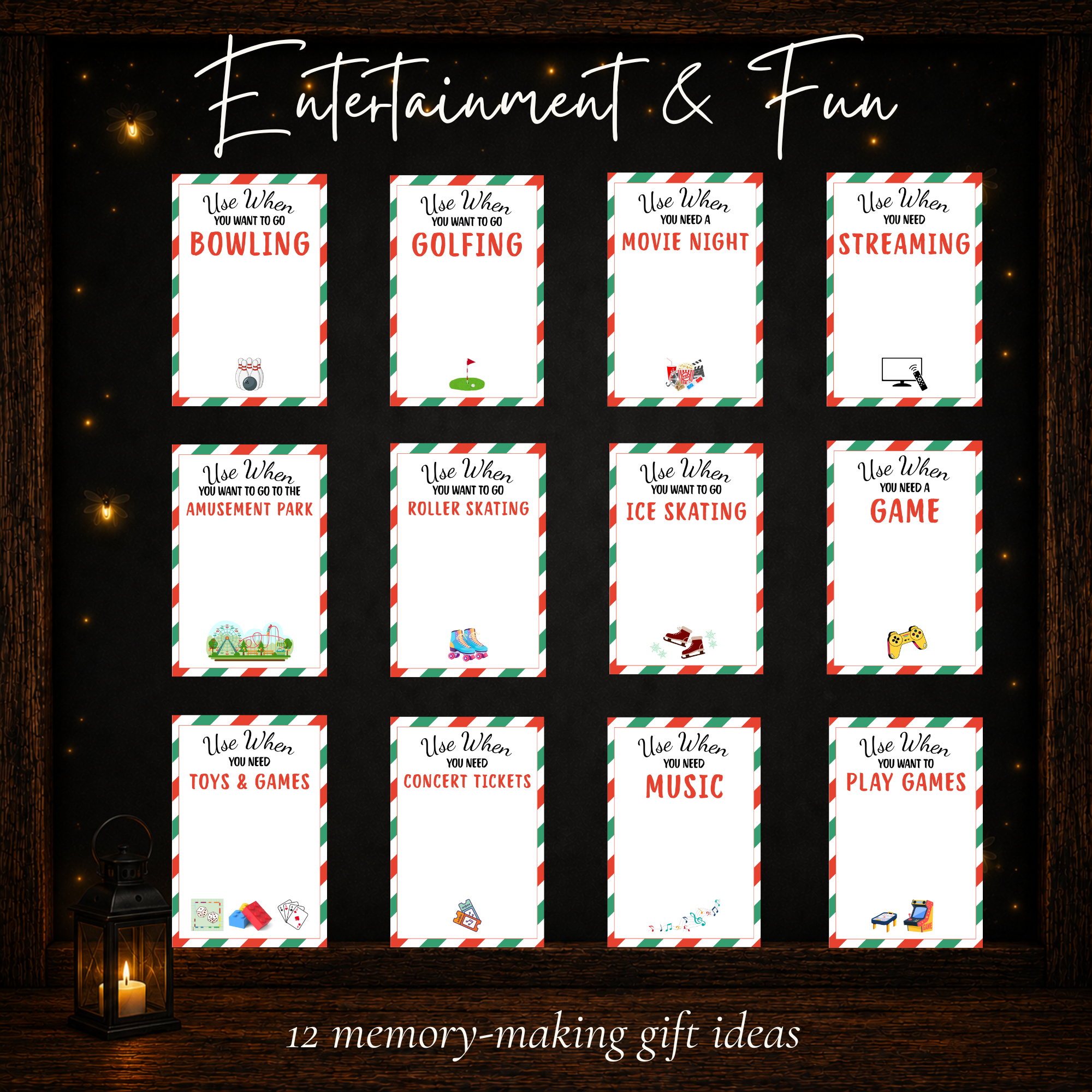 Printable Christmas gift card holders for bowling, movies, streaming, games, concerts, skating and entertainment