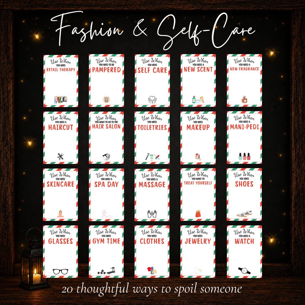 Printable Christmas gift card holders for self-care, salon, spa, makeup, clothes, jewelry, shoes and other treats