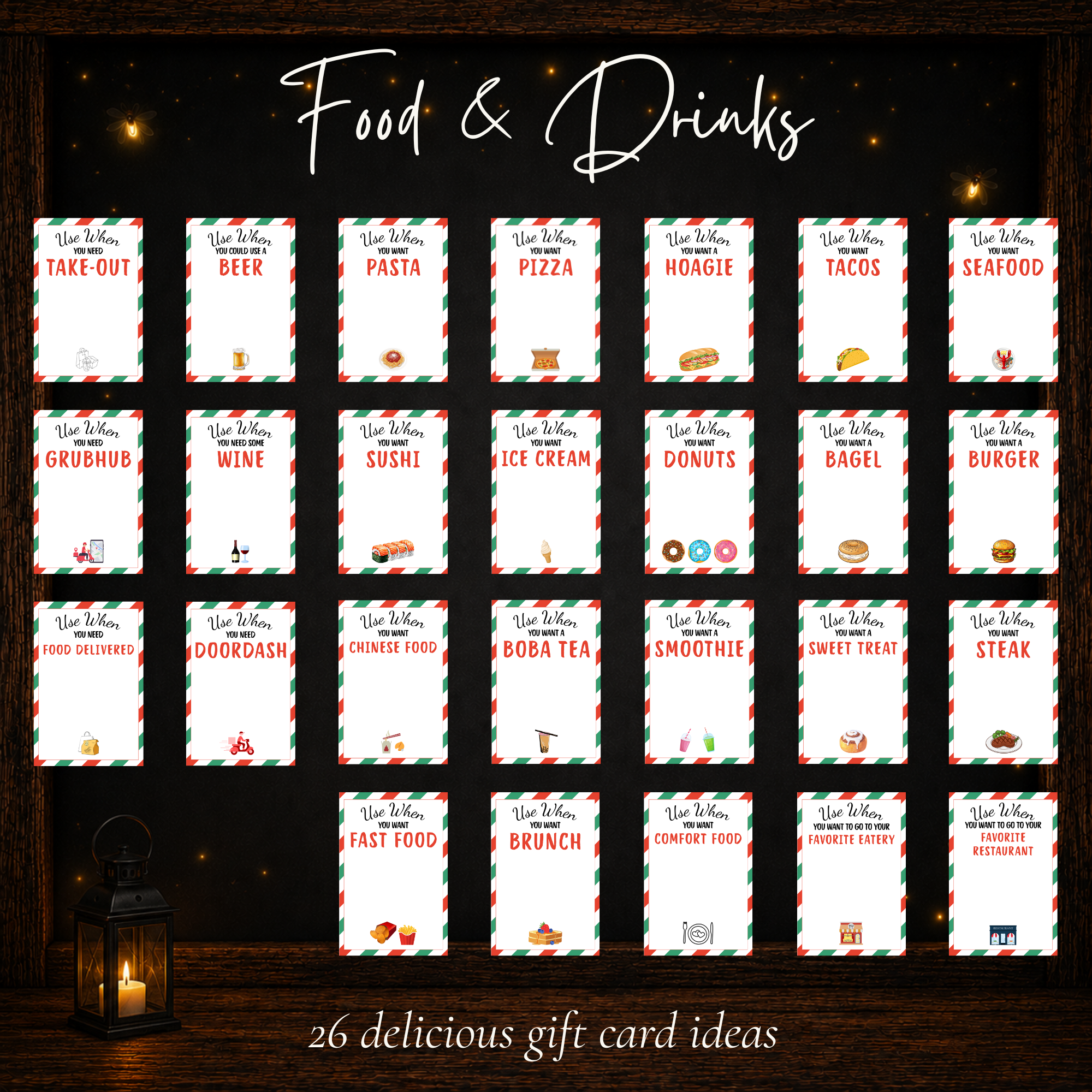 Printable Christmas gift card ideas for pizza, restaurants, takeout, coffee, ice cream, brunch and other food treats