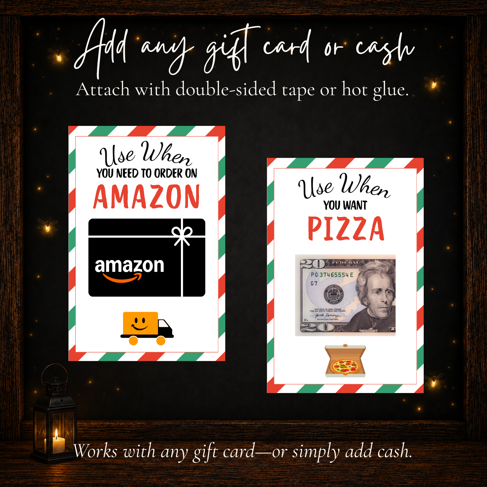 Printable Christmas gift card holders designed for adding gift cards or cash to a personalized gift book