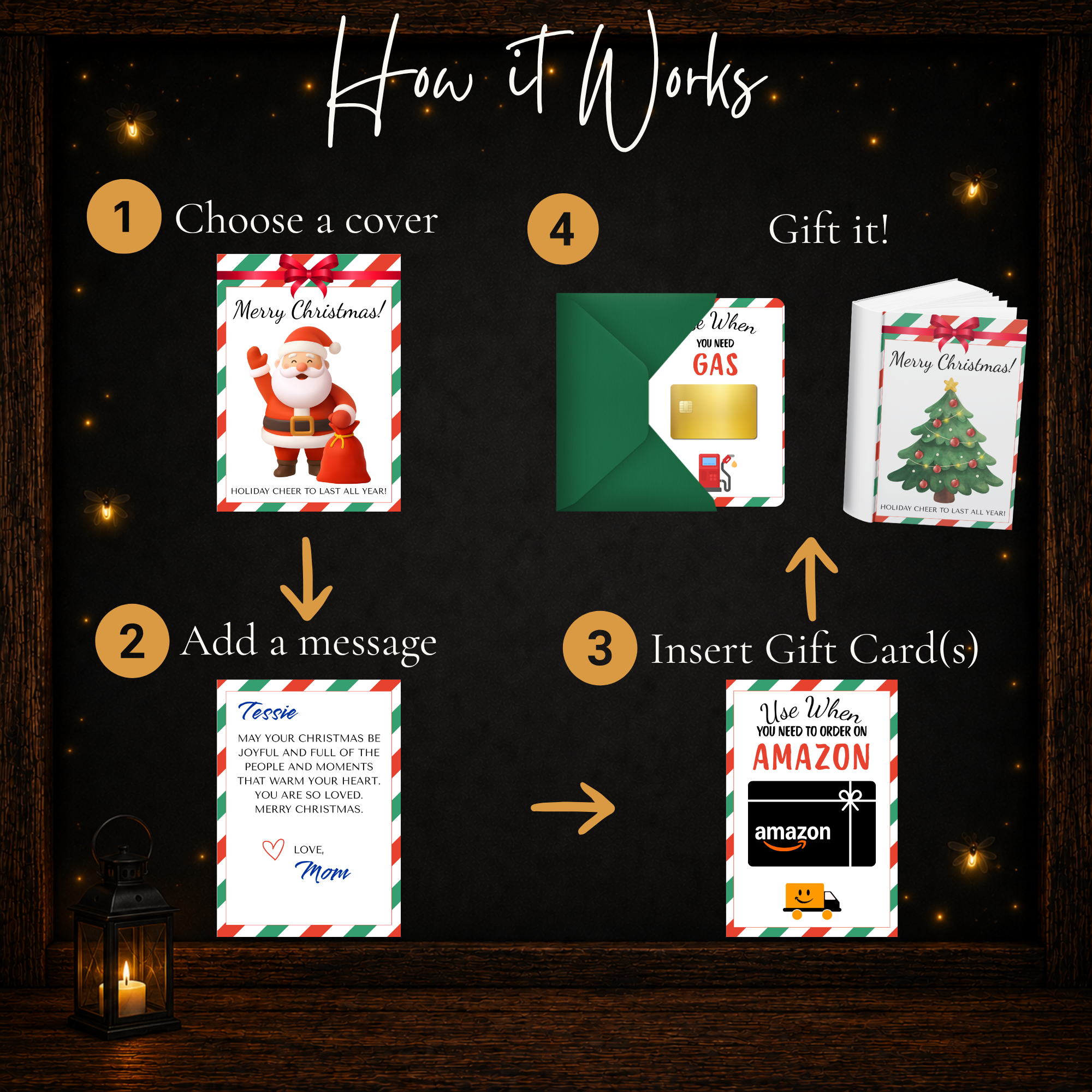 How to make a personalized Christmas Gift Card Book by choosing a cover, adding a message and inserting gift cards