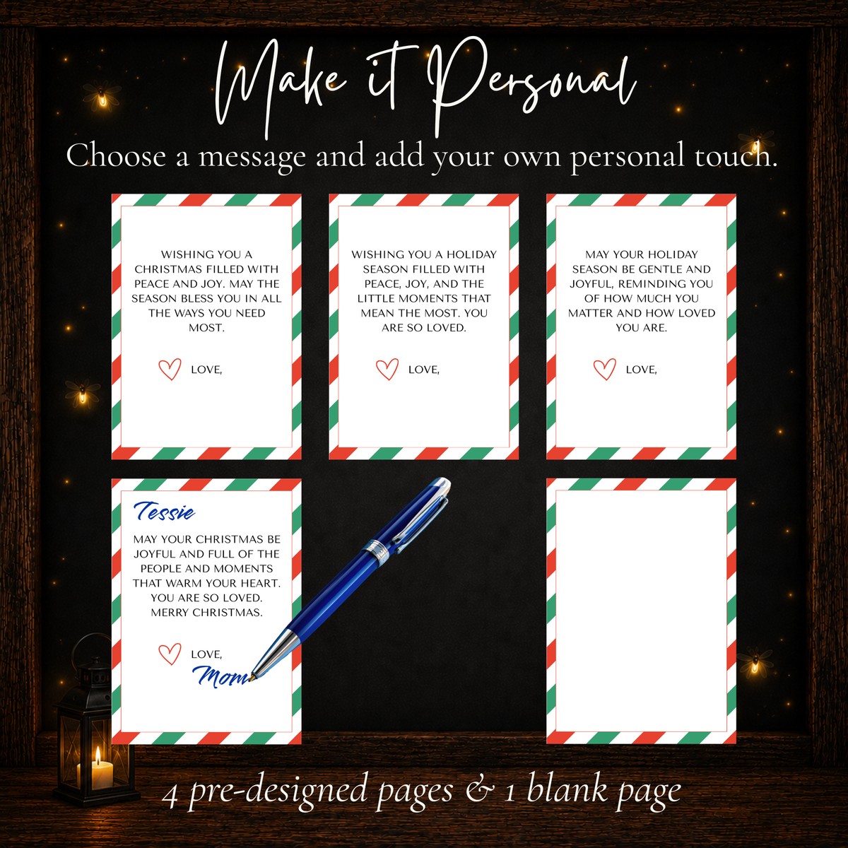 Printable Christmas Gift Card Book personal message pages with four pre-written messages and one blank page