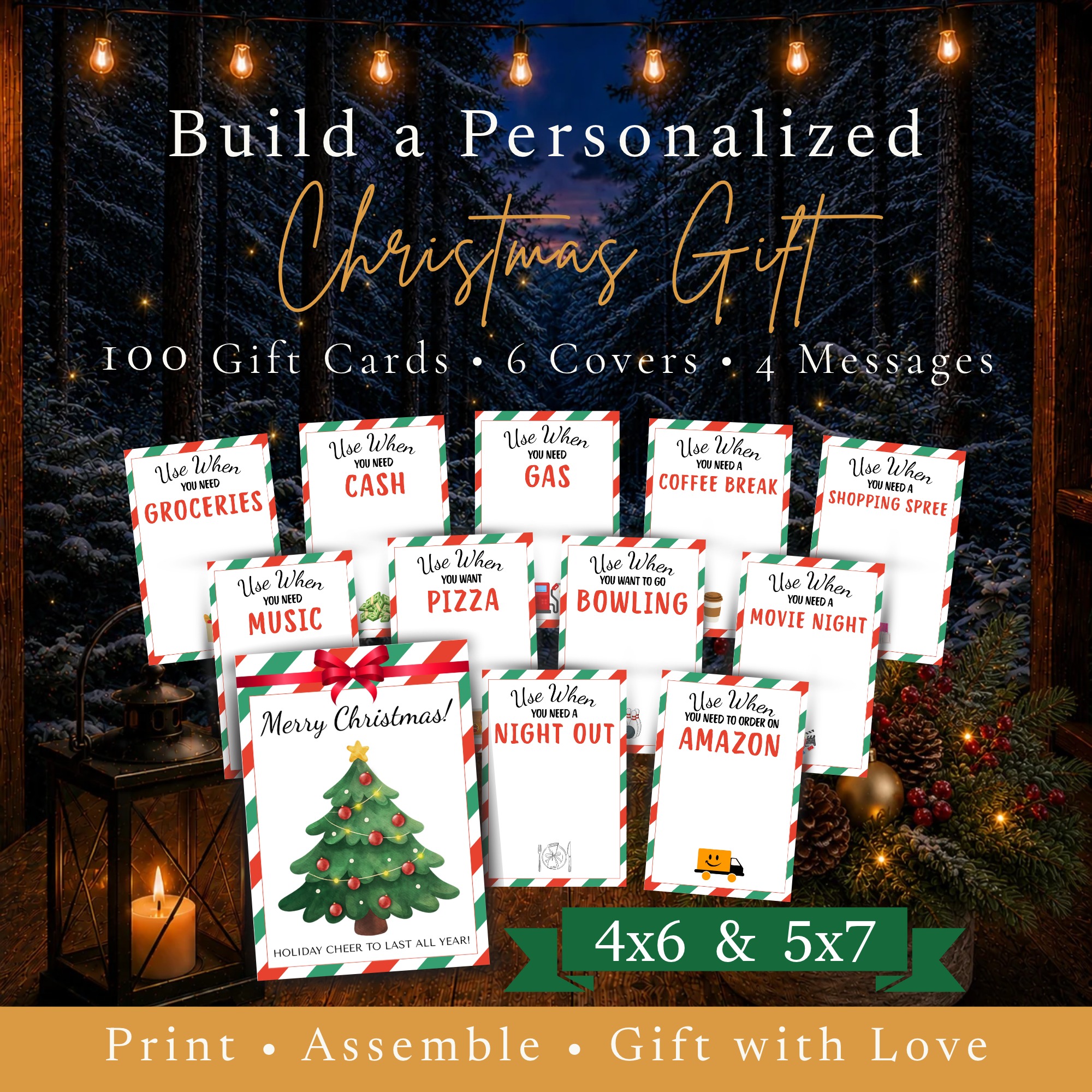 Printable Christmas Gift Card Book with 100 gift card ideas, 6 covers and 4 messages in 4x6 and 5x7 sizes