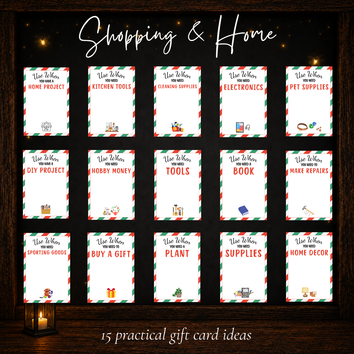 Printable Christmas gift card ideas for home projects, tools, books, pet supplies, hobbies, sporting goods and home decor