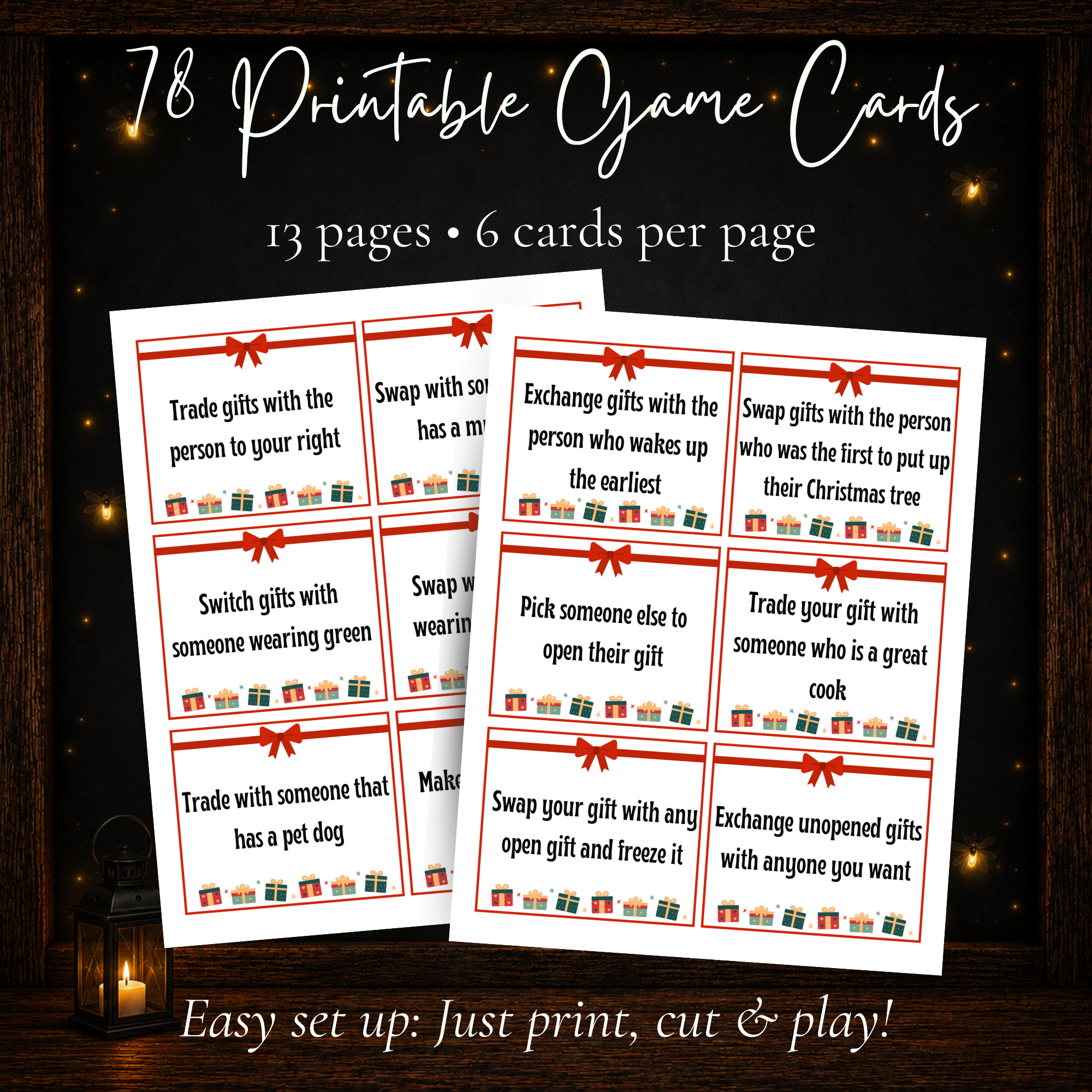 78 printable Christmas Gift Exchange game cards with 13 pages and 6 cards per page