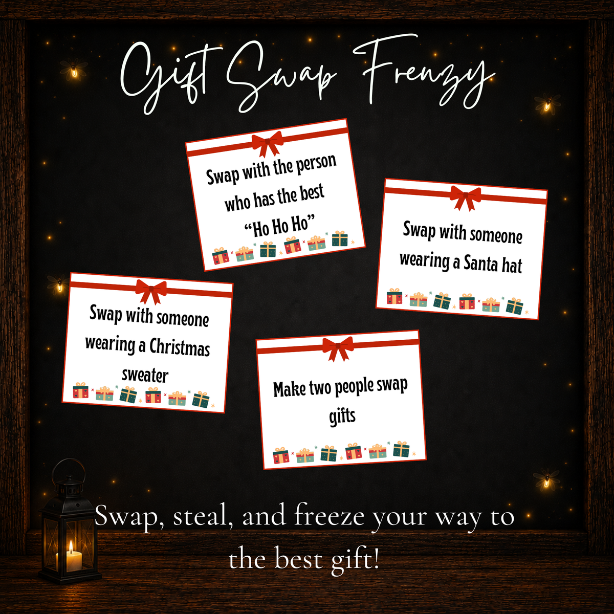 Christmas Gift Exchange cards with festive prompts for swapping and trading wrapped gifts