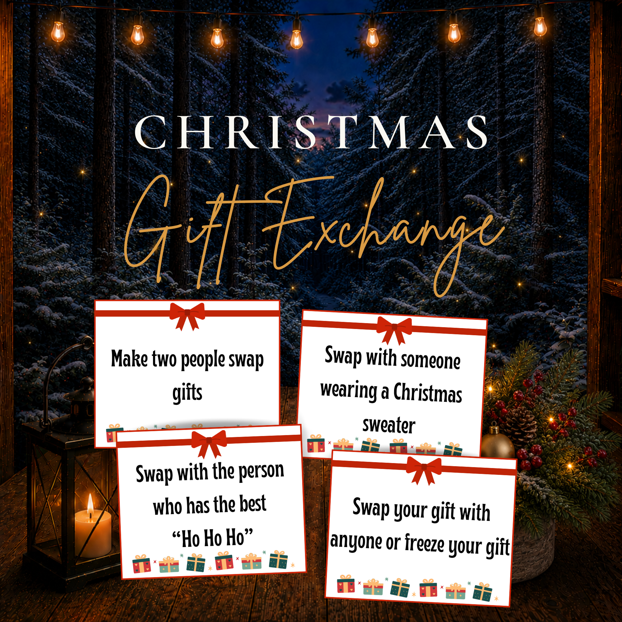 Christmas Gift Exchange printable game with fun gift swap and exchange action cards