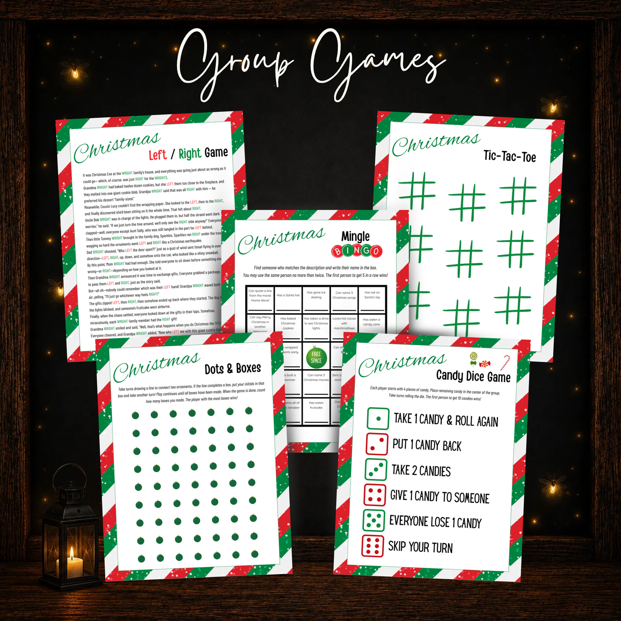 Printable Christmas group games including Left Right Game, Mingle Bingo, Tic Tac Toe, Dots and Boxes and Candy Dice