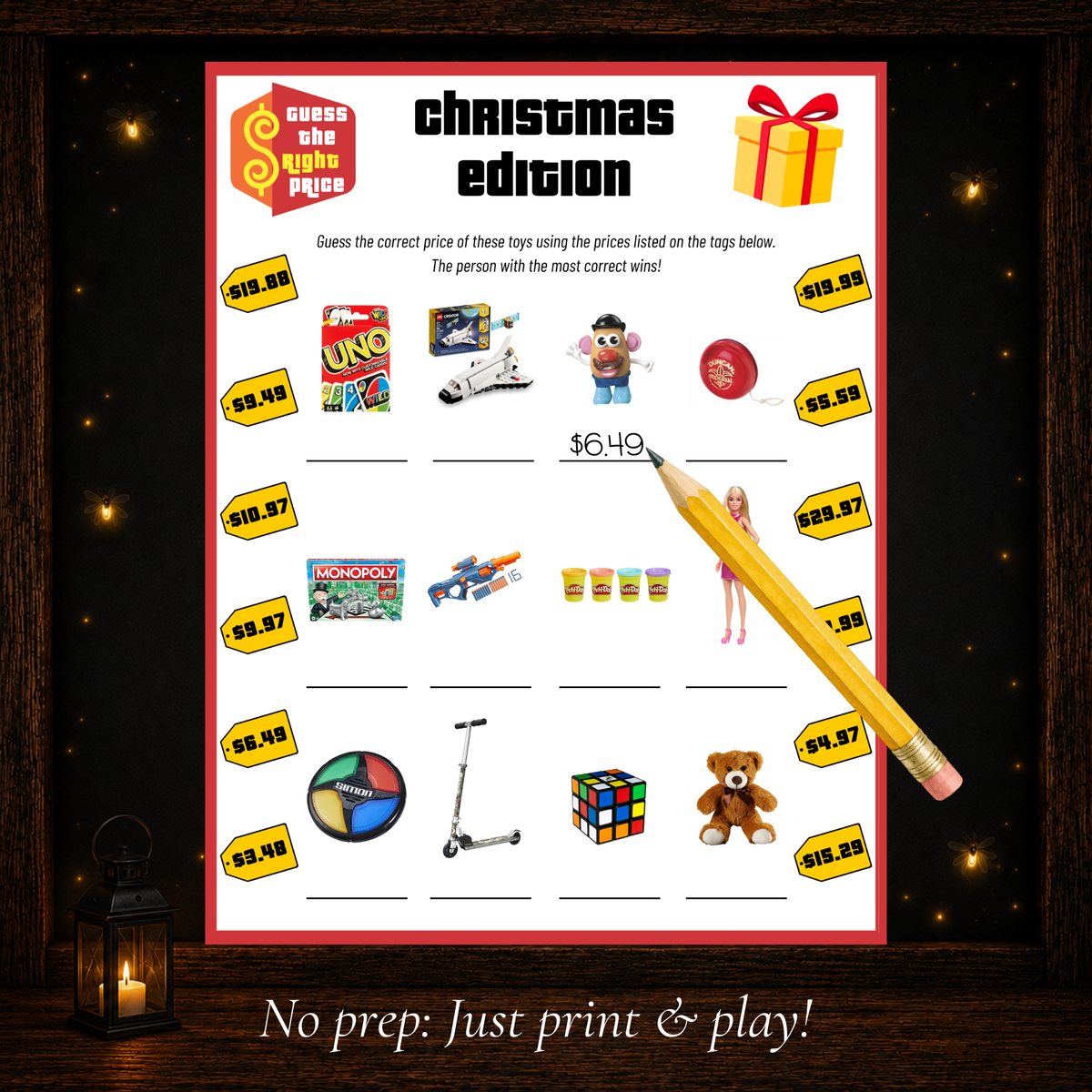 Printable Christmas Guess the Right Price game with toys and price tags for holiday parties