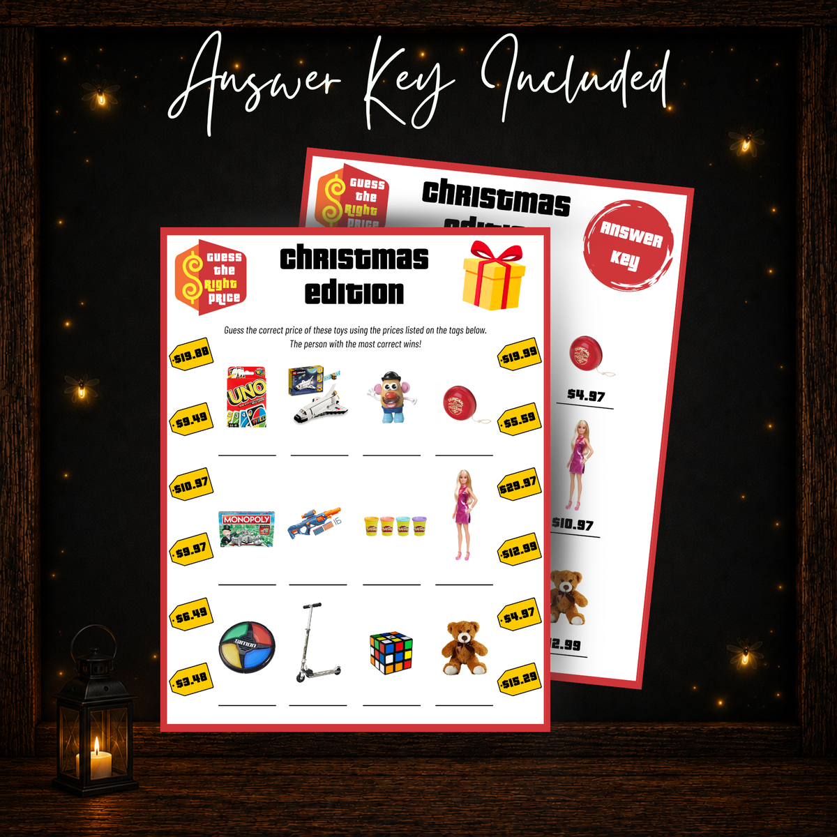 Christmas Guess the Right Price printable game and included answer key