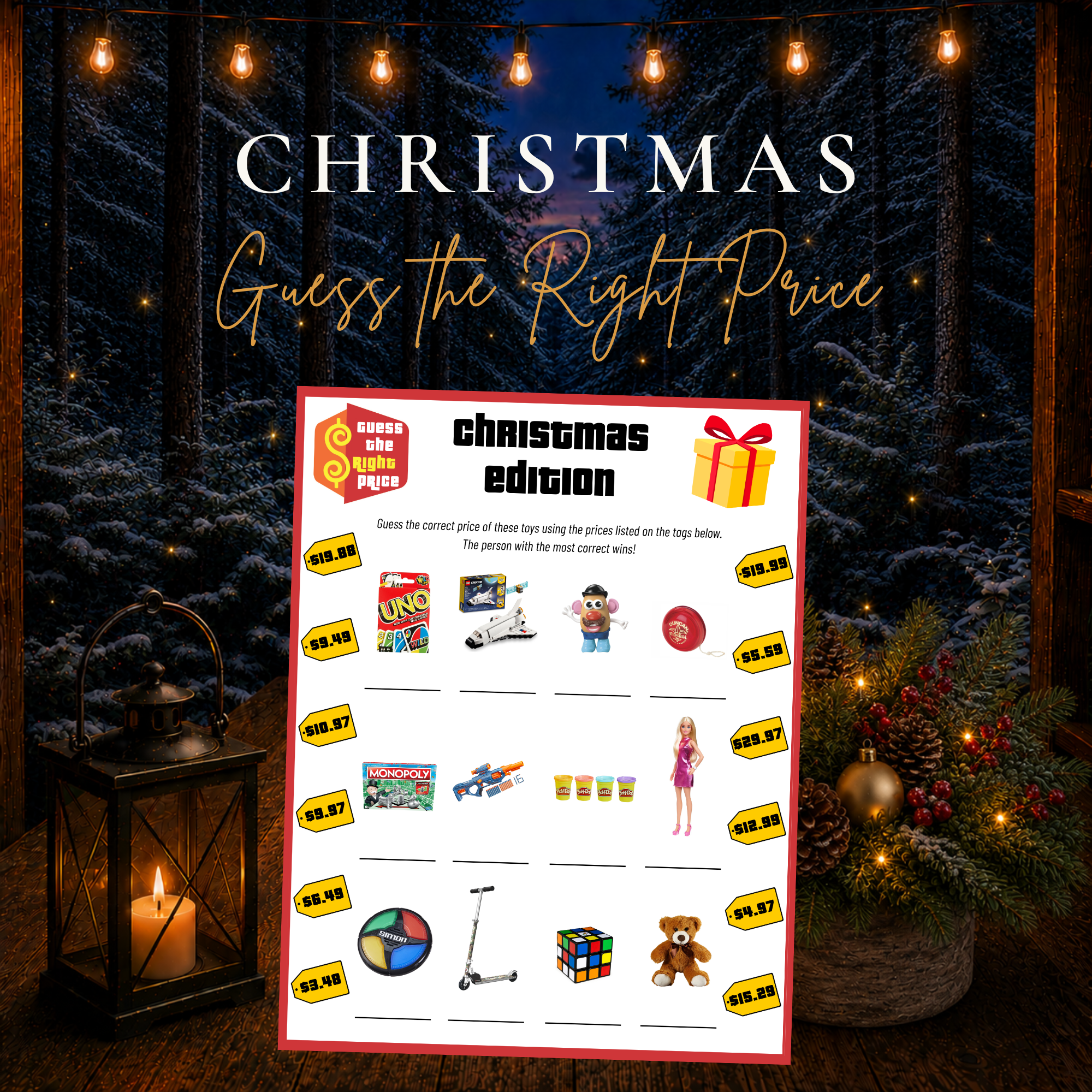 Christmas Guess the Right Price printable party game featuring popular toy price challenges