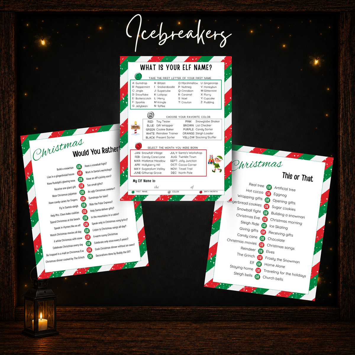 Printable Christmas icebreaker games including What Is Your Elf Name, Would You Rather and This or That