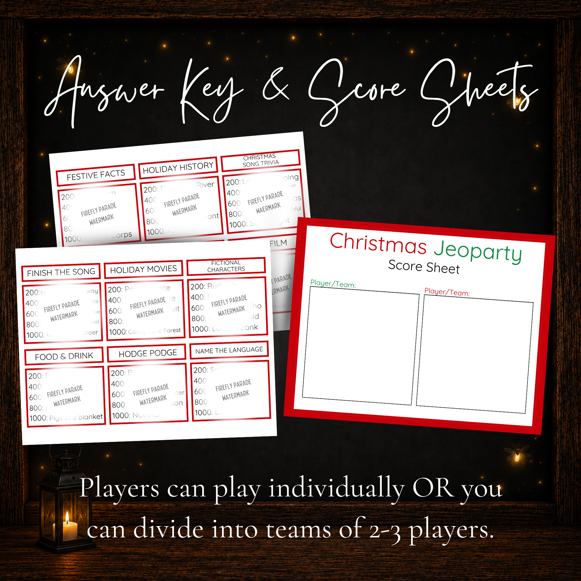 Printable Christmas Jeoparty host answer keys and player or team score sheet