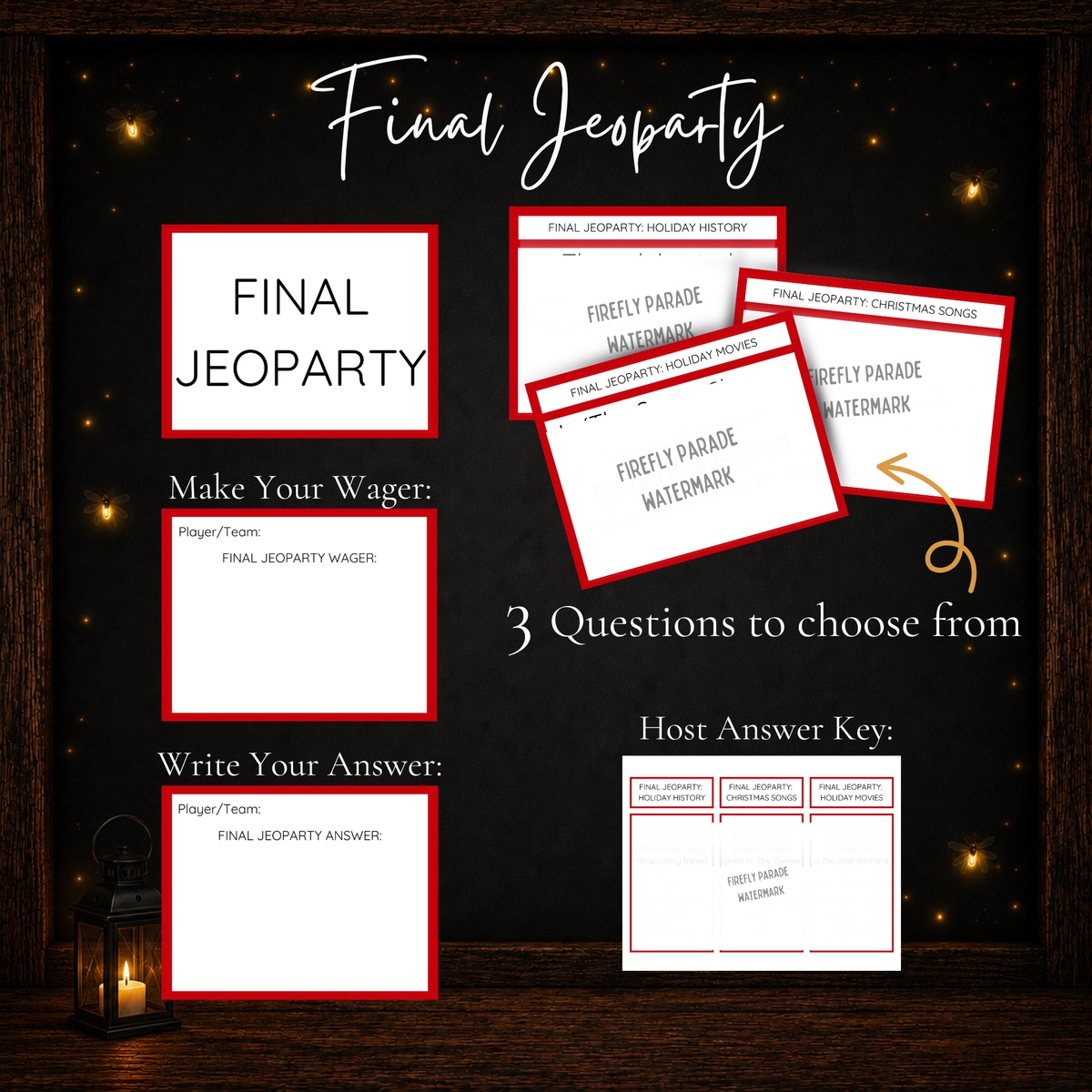 Christmas Jeoparty Final Jeoparty round with three questions, wager cards, answer cards and host answer key