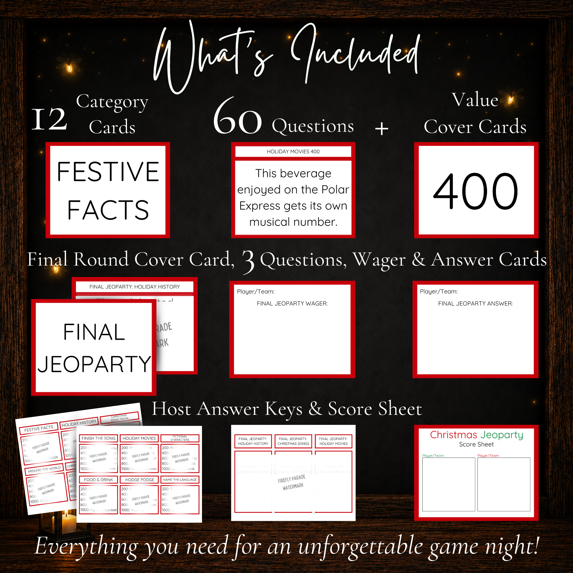 Christmas Jeoparty game with 12 category cards, 60 questions, value cards, Final Jeoparty, answer keys and score sheet