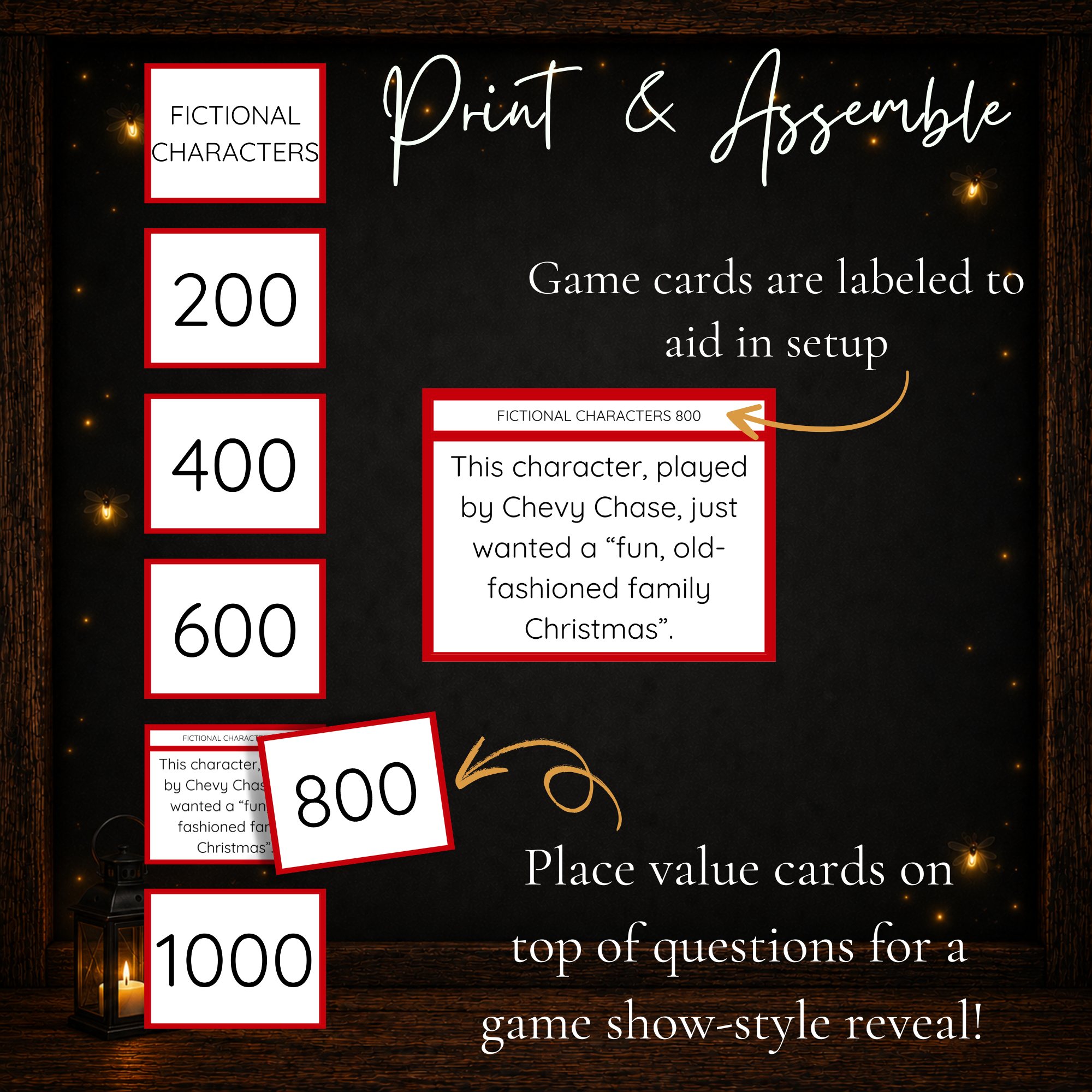 Printable Christmas Jeoparty category, question and value cards for easy game setup