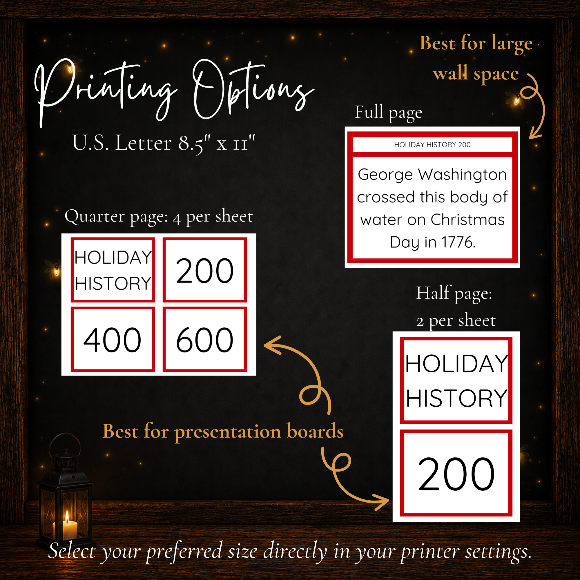 Christmas Jeoparty printable game cards with full page, half page and quarter page printing options