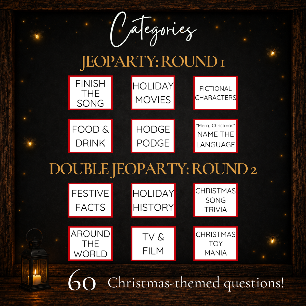 Christmas Jeoparty trivia categories including holiday movies, songs, history, food, TV and festive facts