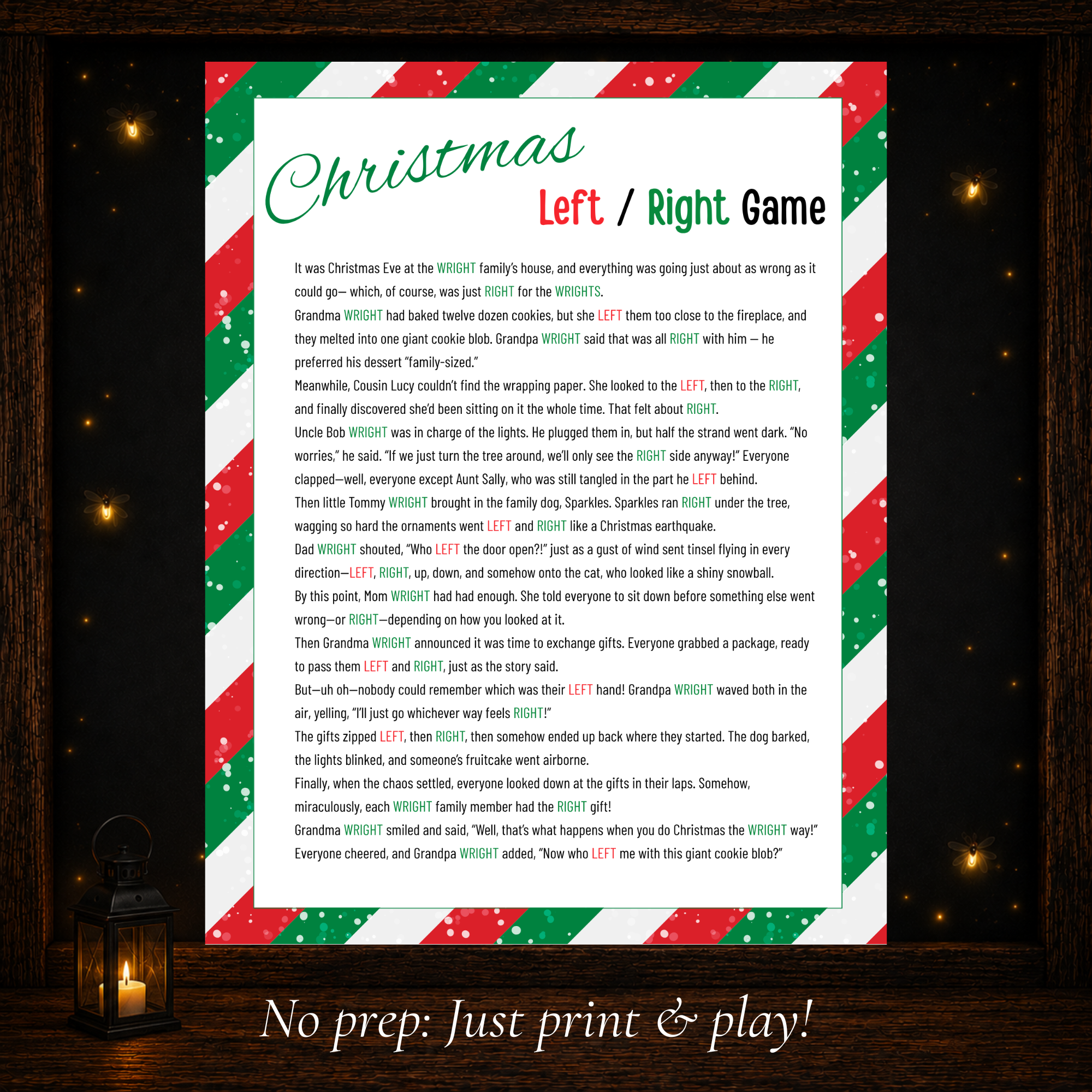 Printable Christmas Left Right Game story with no-prep print and play format