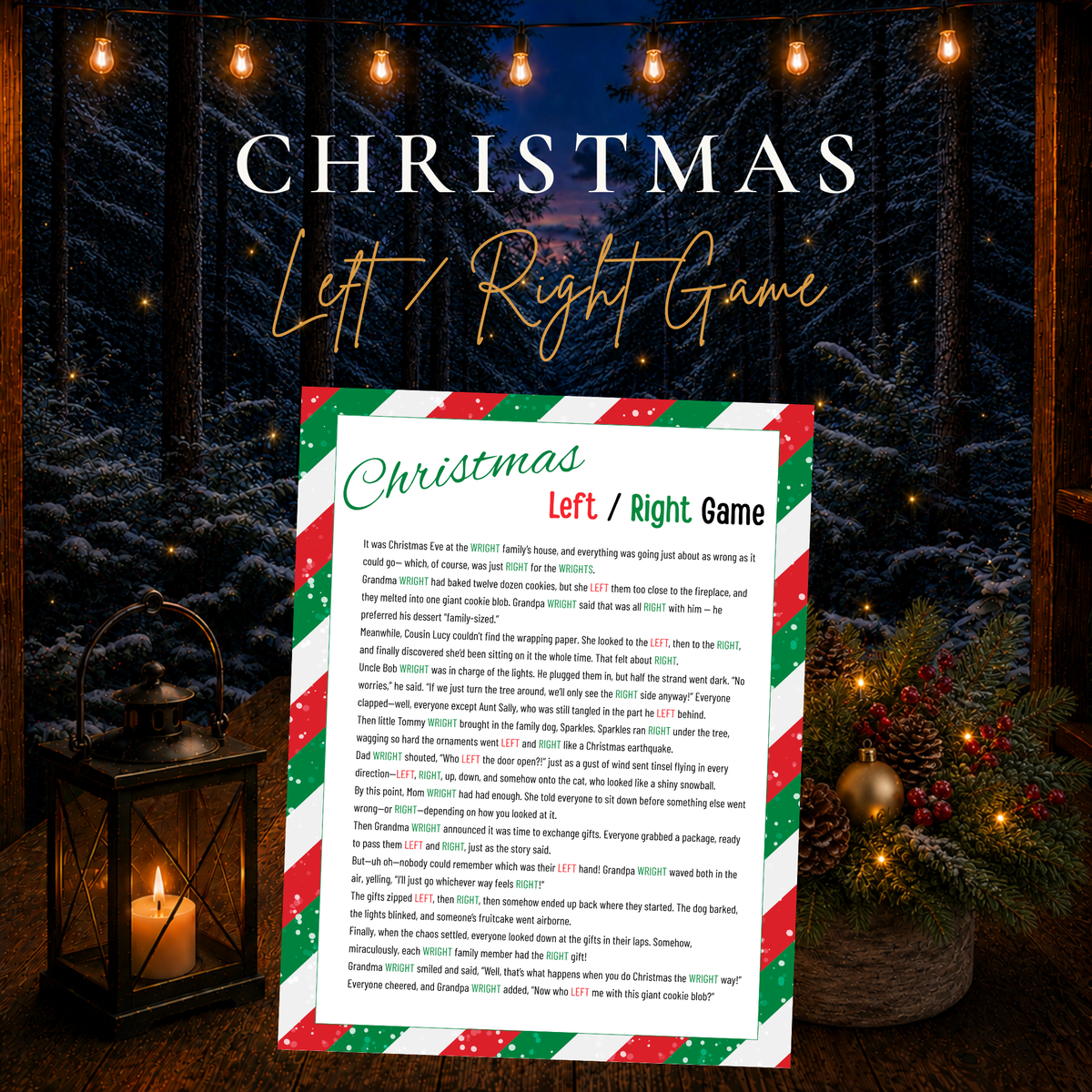 Christmas Left Right Game printable holiday gift exchange story for family and Christmas parties