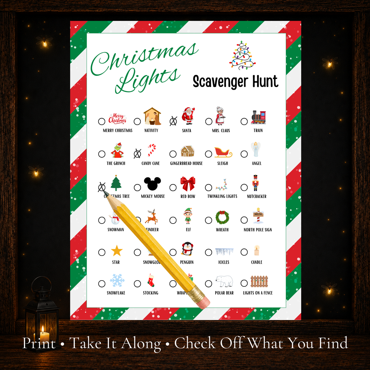 Printable Christmas Lights Scavenger Hunt checklist for finding holiday decorations on a Christmas light drive