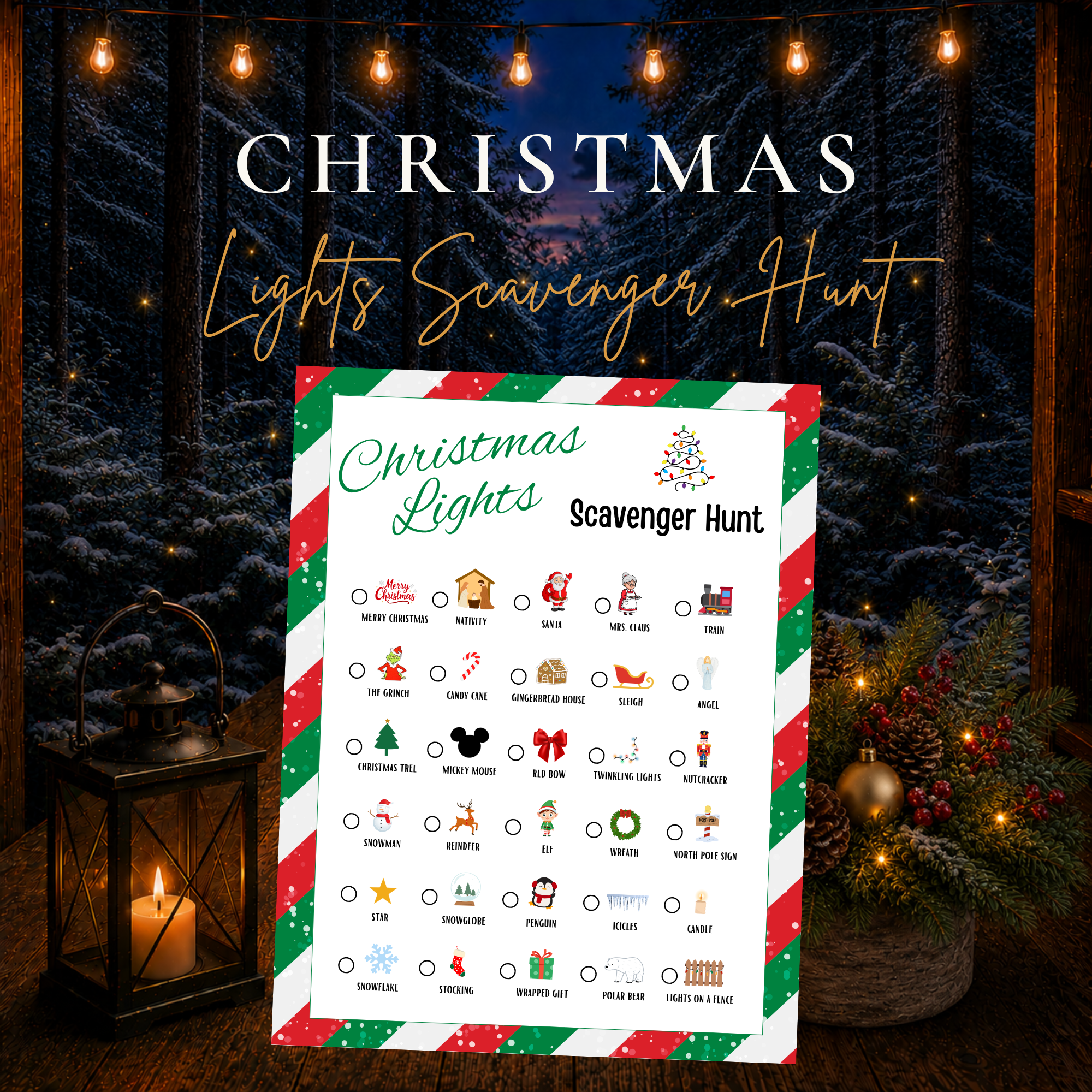 Christmas Lights Scavenger Hunt printable game with 30 holiday items to find during a Christmas light drive