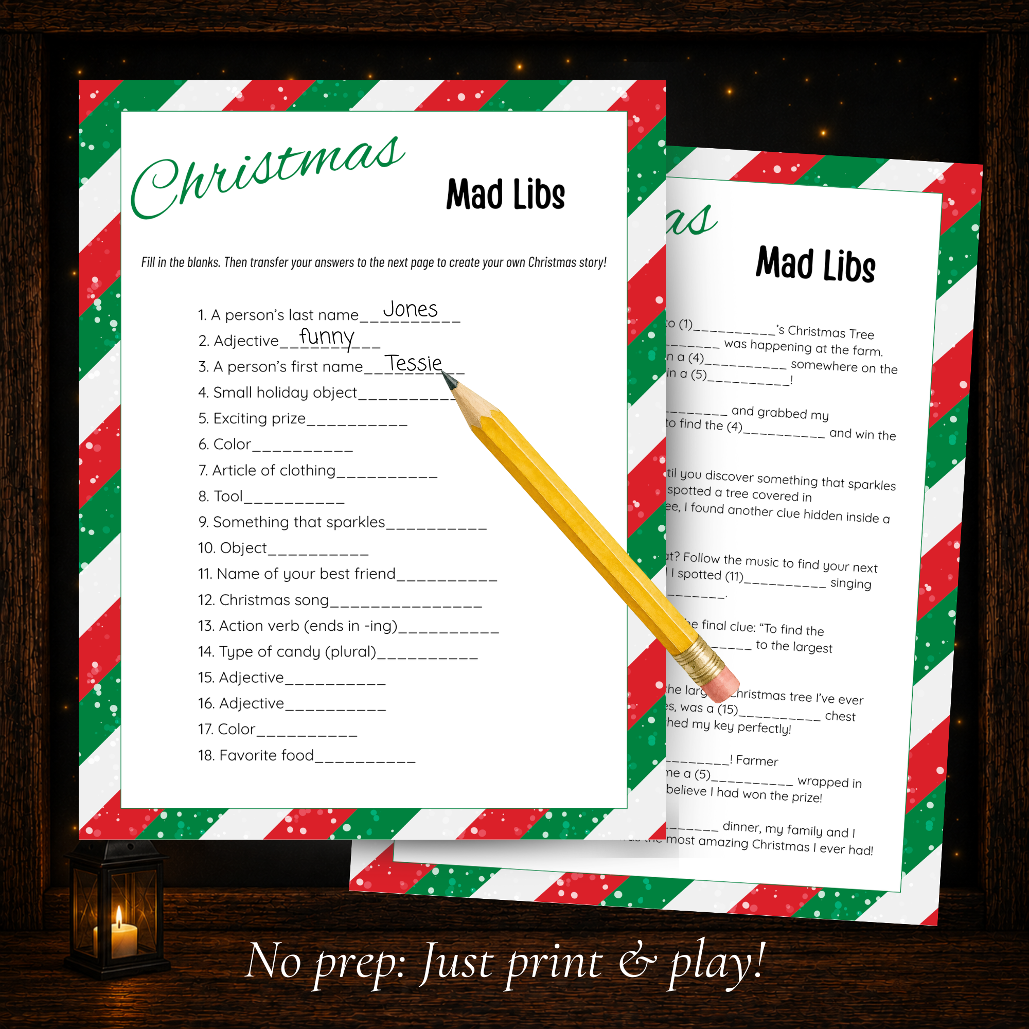 Christmas Mad Libs two-page fill-in-the-blank printable game for creating a funny Christmas story