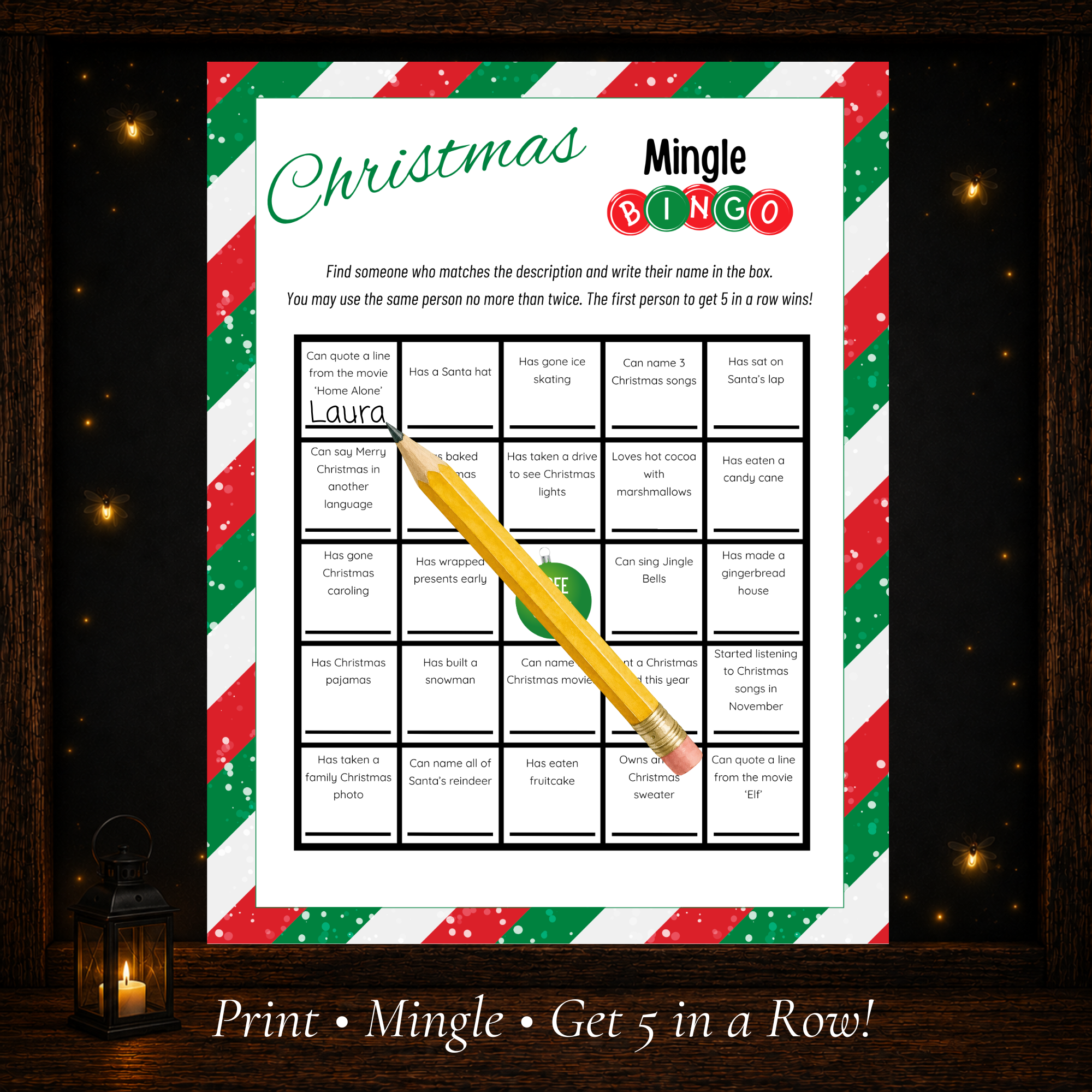Printable Christmas Mingle Bingo game where players mingle and get five in a row